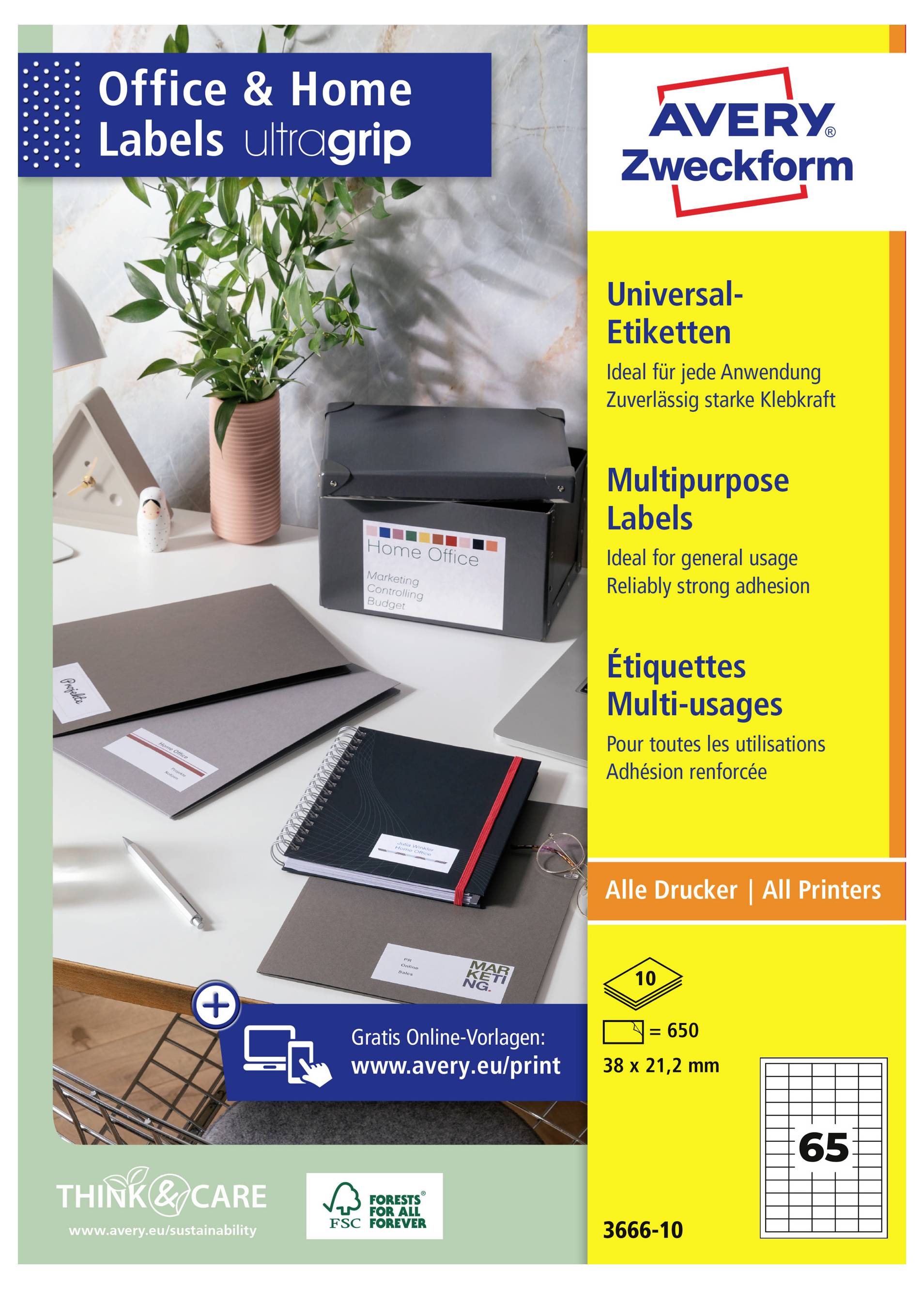 Avery Zweckform 'Office & Home Labels ultragrip' Verpackung mit universellen, vielseitig einsetzbaren Etiketten für alle Drucker, mit Etikettengröße 38 x 21,2 mm und Produktcode 3666-10.