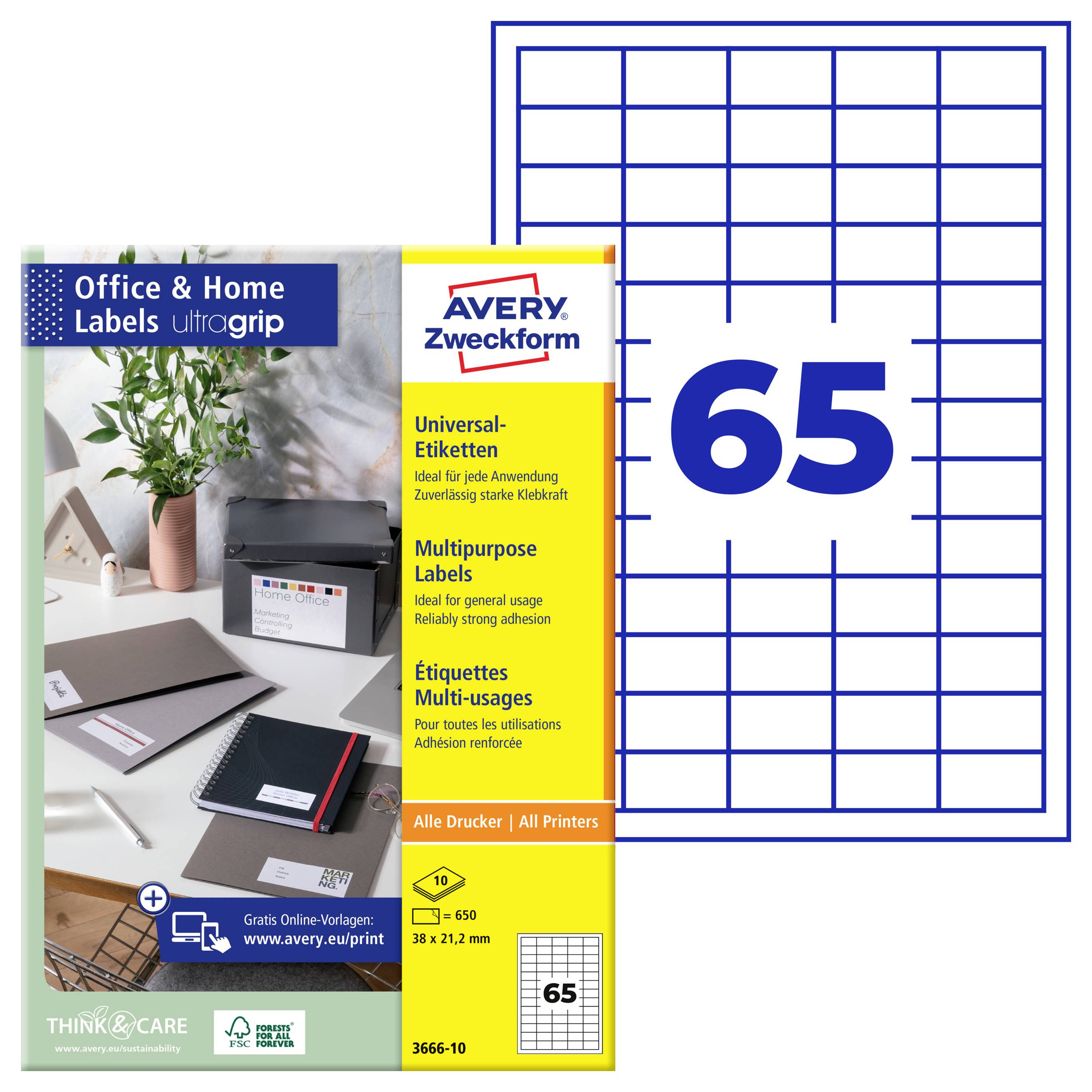 Avery Zweckform Büro- und Heimarbeits-Mehrzweck-Etikettensortiment, Größe 38 x 21,2 mm, 65 Etiketten pro Blatt, für alle Drucker.