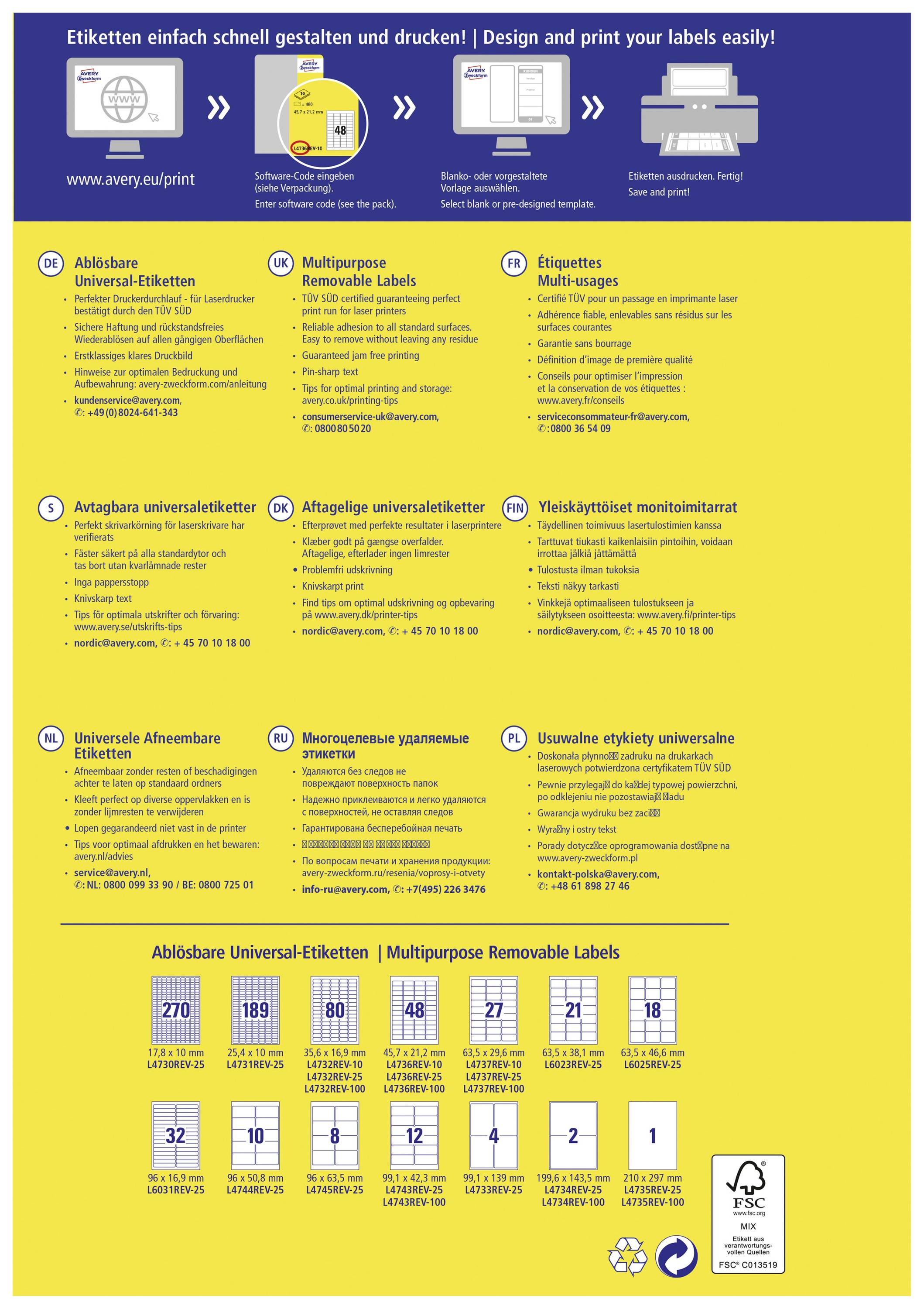 Avery-Zweckform L4732REV-10 Universal-Etiketten 35.6 x 16.9mm Papier Weiß 800 St. Wiederablösbar Tintenstrahldrucker
