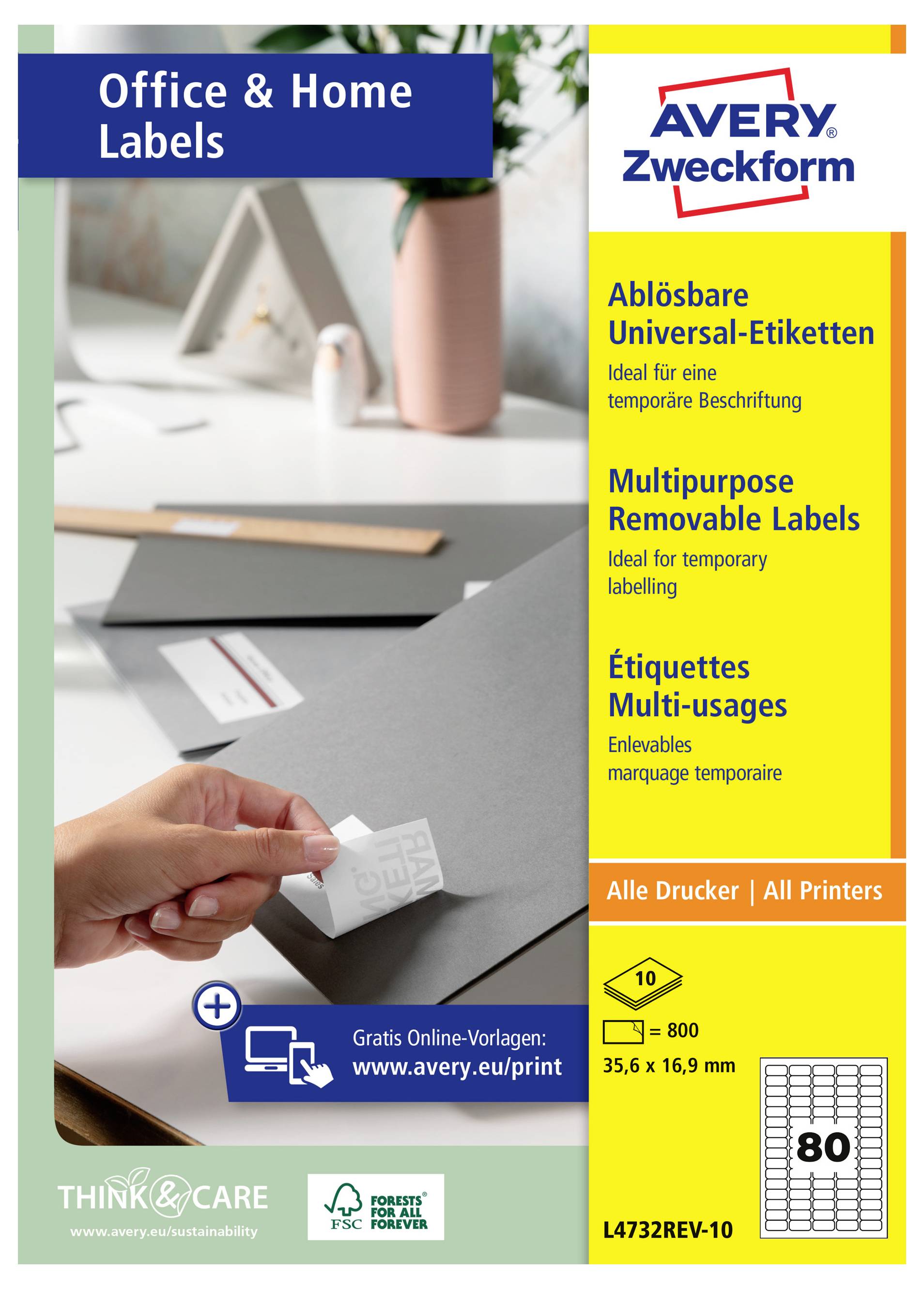 Avery Zweckform 'Office & Home Labels' Packung für ablösbare, mehrfach verwendbare Etiketten, 35,6 x 16,9 mm, 80 Etiketten pro Blatt, für alle Drucker.