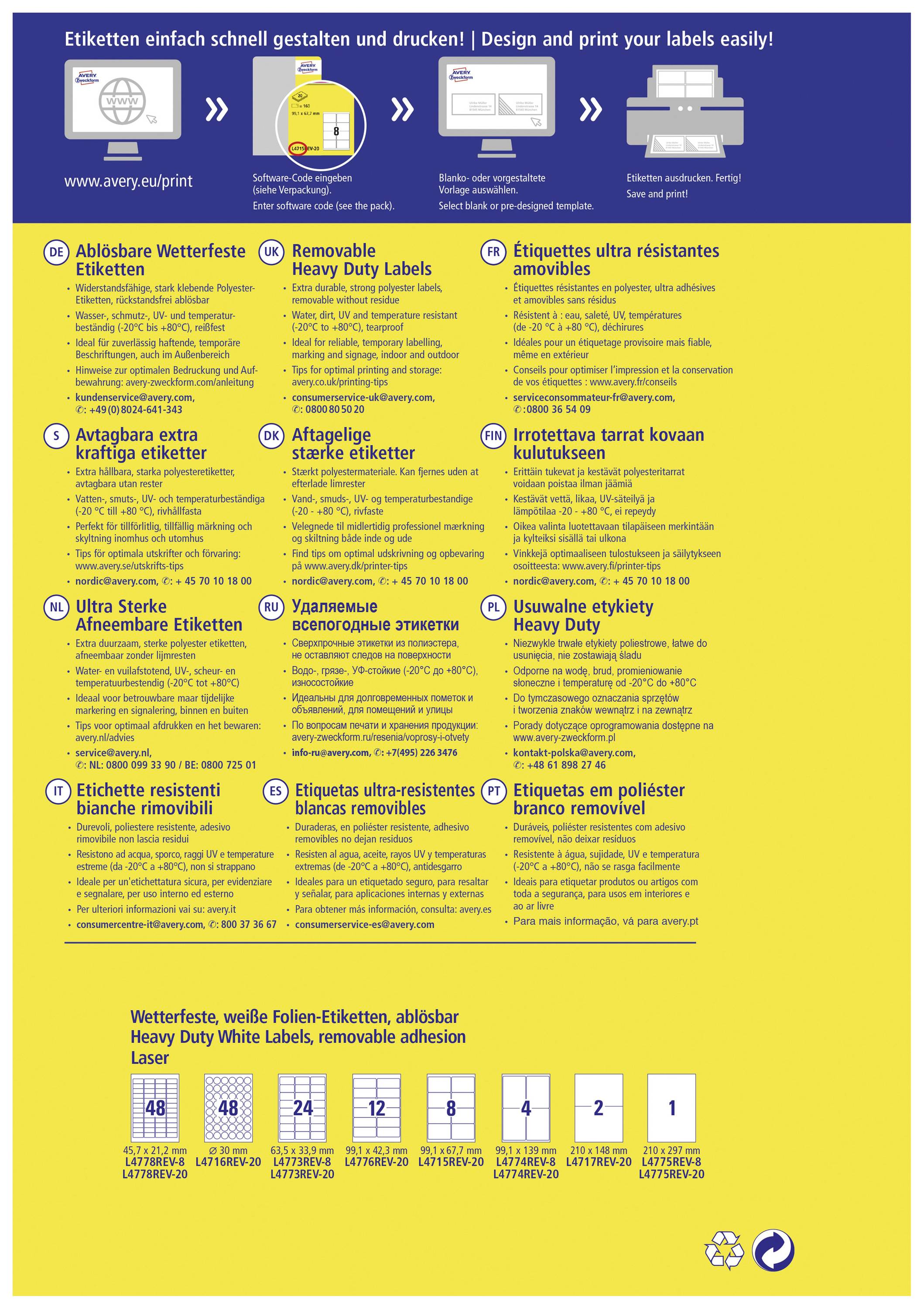 Avery-Zweckform L4775REV-8 Folien-Etiketten 210 x 297mm Polyester-Folie Weiß 8 St. Wiederablösbar Farblaserdrucker, Laserdrucker
