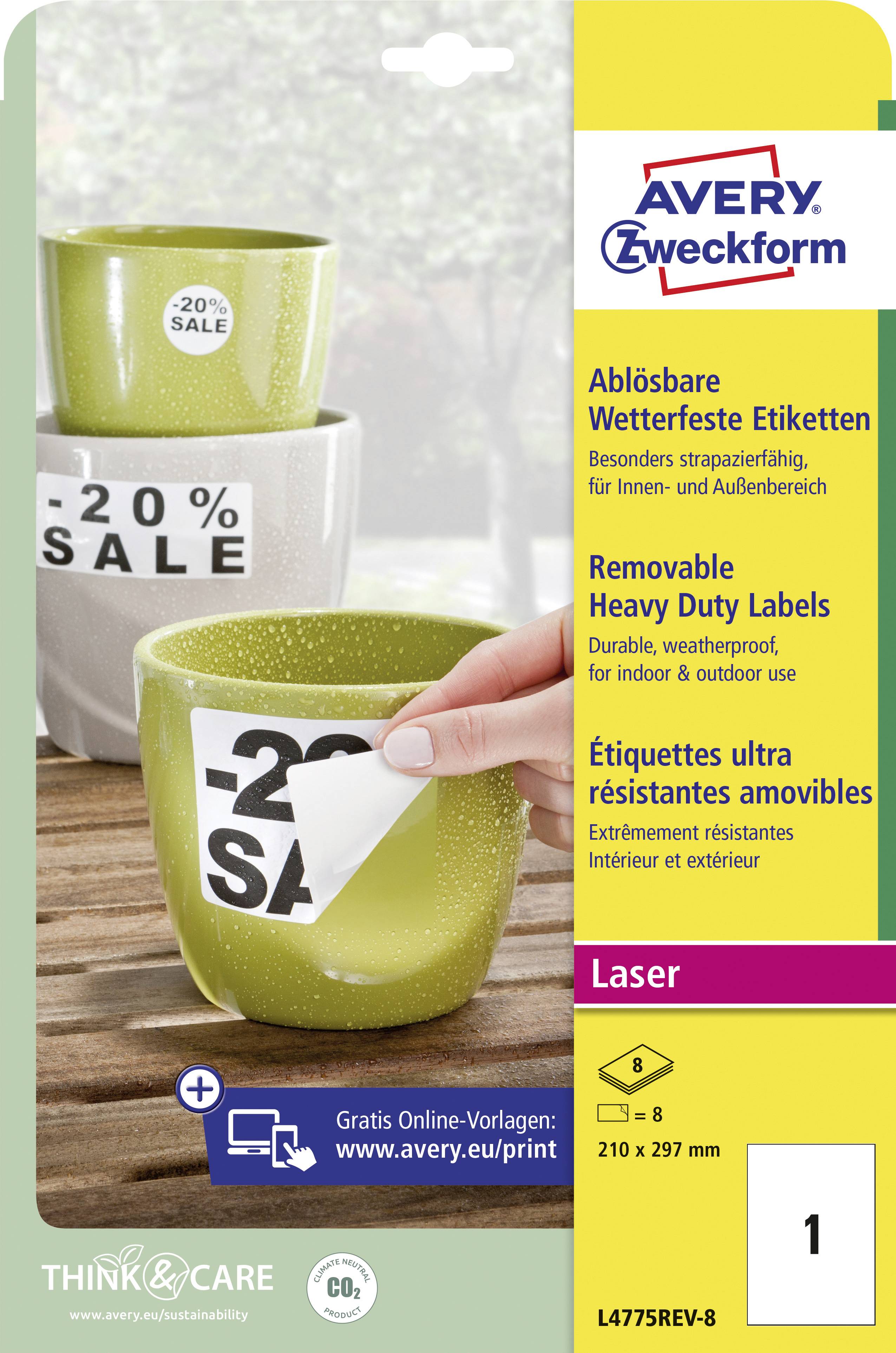 Avery-Zweckform L4775REV-8 Folien-Etiketten 210 x 297mm Polyester-Folie Weiß 8 St. Wiederablösbar Farblaserdrucker, Laserdrucker