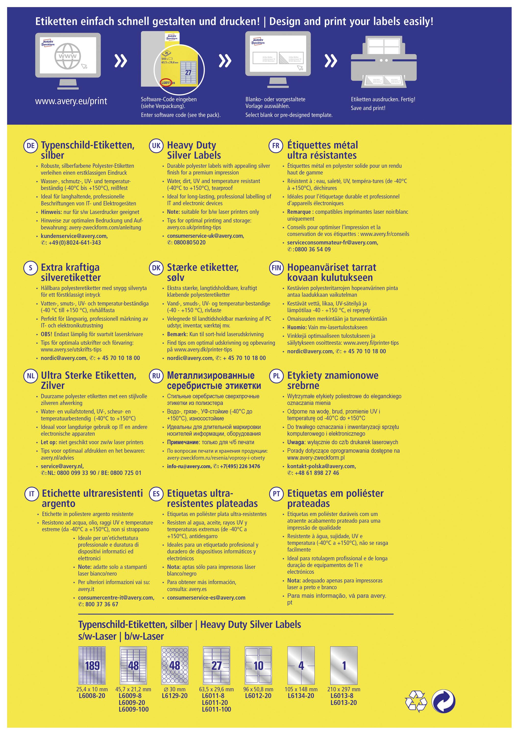 Avery-Zweckform L6009-8 Typenschild-Etiketten 45.7 x 21.2mm Polyester-Folie Silber 384 St. Permanent haftend Laserdrucker