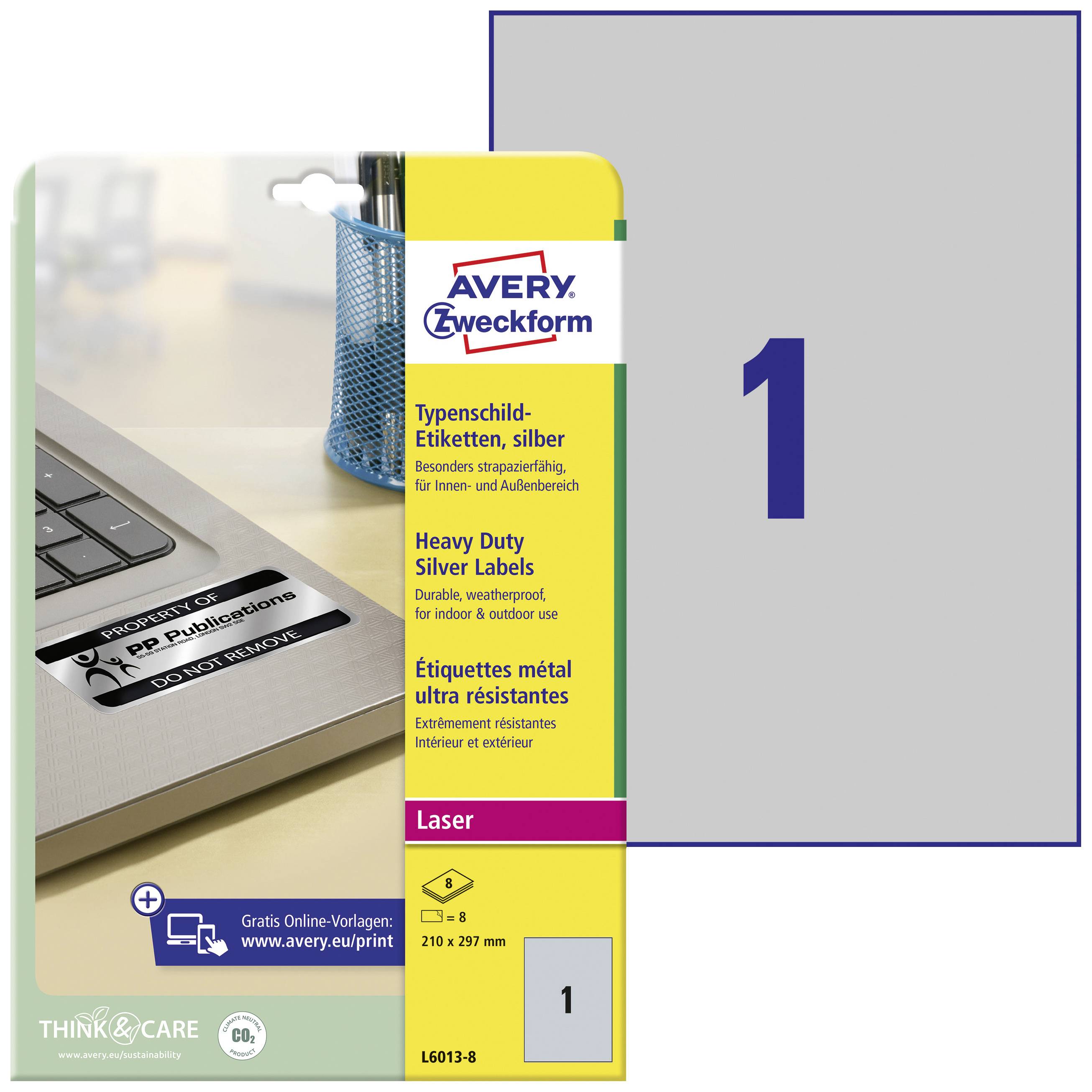 'AVERY Zweckform Typenschild Etiketten', silber, laserbedruckbar, DIN A4, strapazierfähig, wasserfest; auf Schreibtisch neben Laptop.