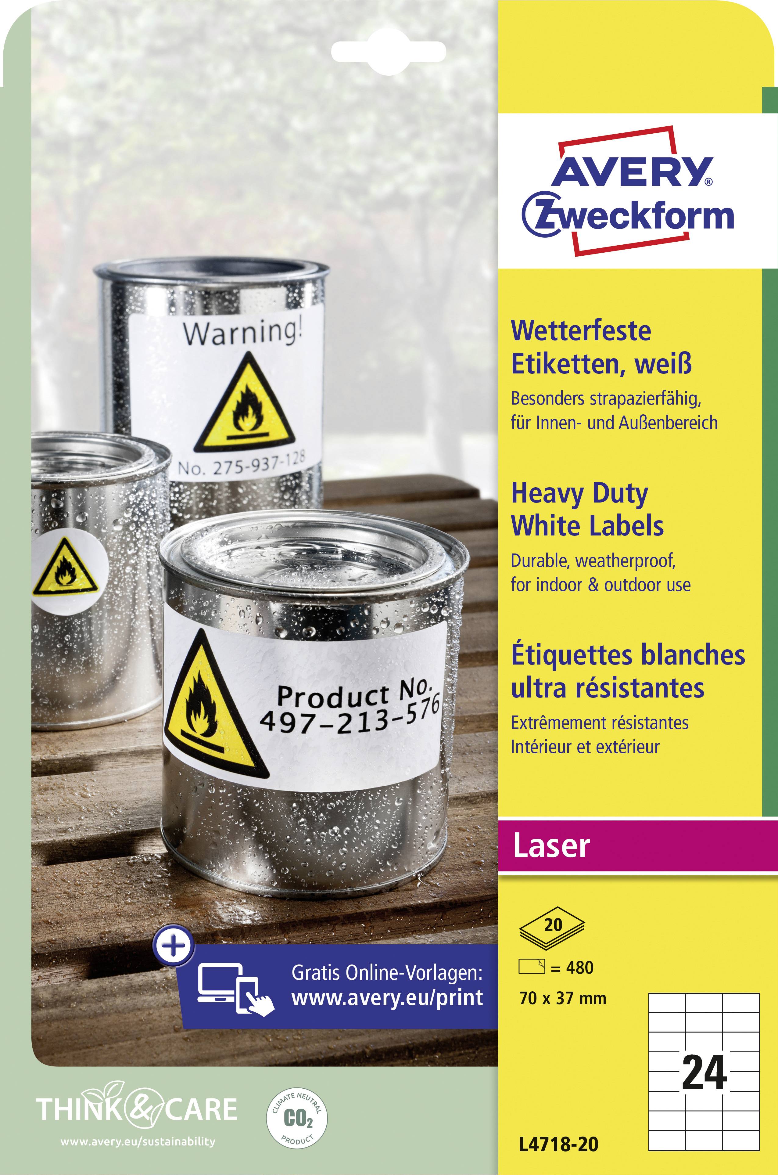 Drei Dosen mit Warnhinweisen und Gefahrstoffsymbolen. Text: 'Product No. 497-213-576'. Avery Zweckform Etiketten Verpackung.