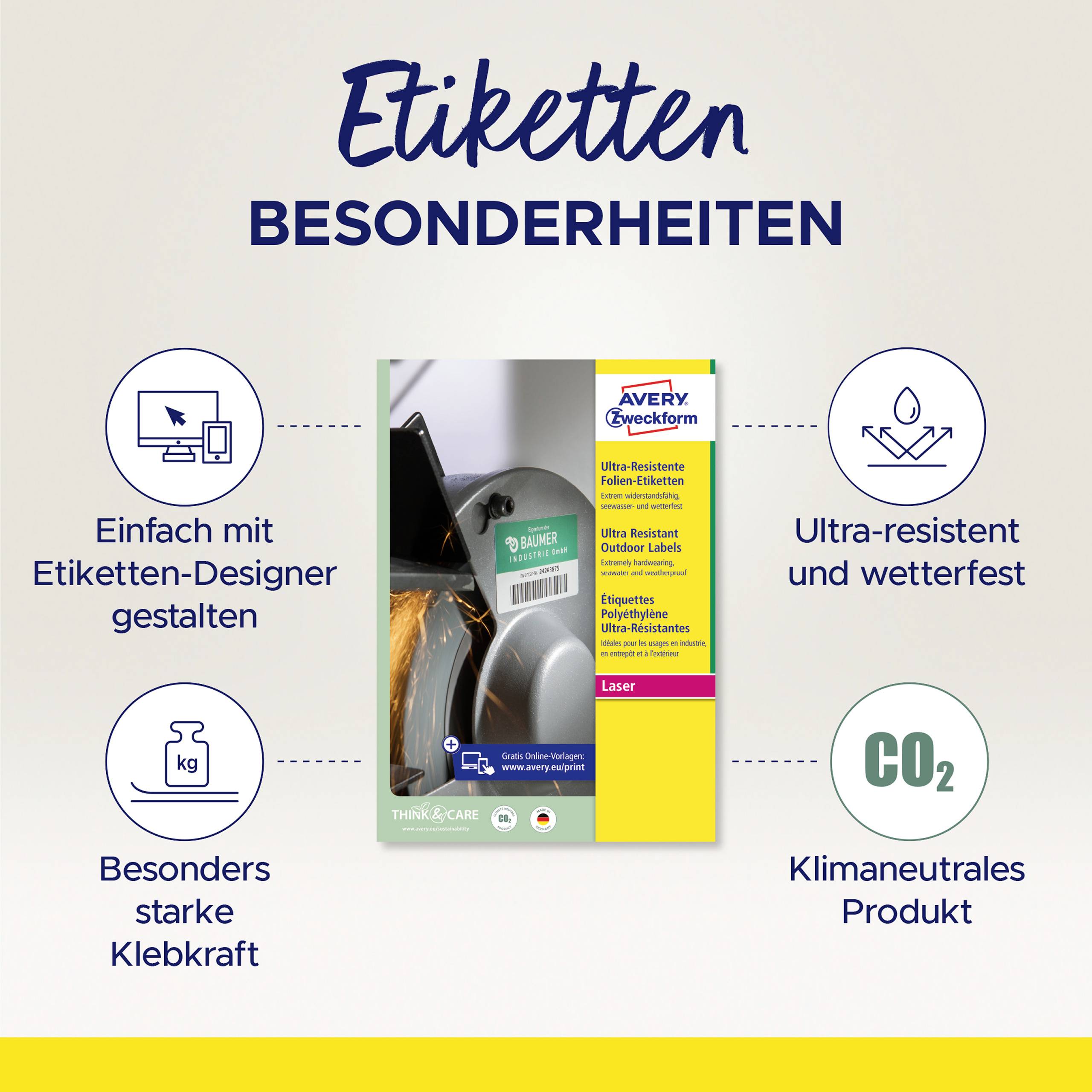 'Etiketten Besonderheiten'. Beschriftung: 'Besonders starke Klebkraft', 'Ultra-resistent und wetterfest', 'Klimaneutrales Produkt'. Abbildung von Etikettenpackung.