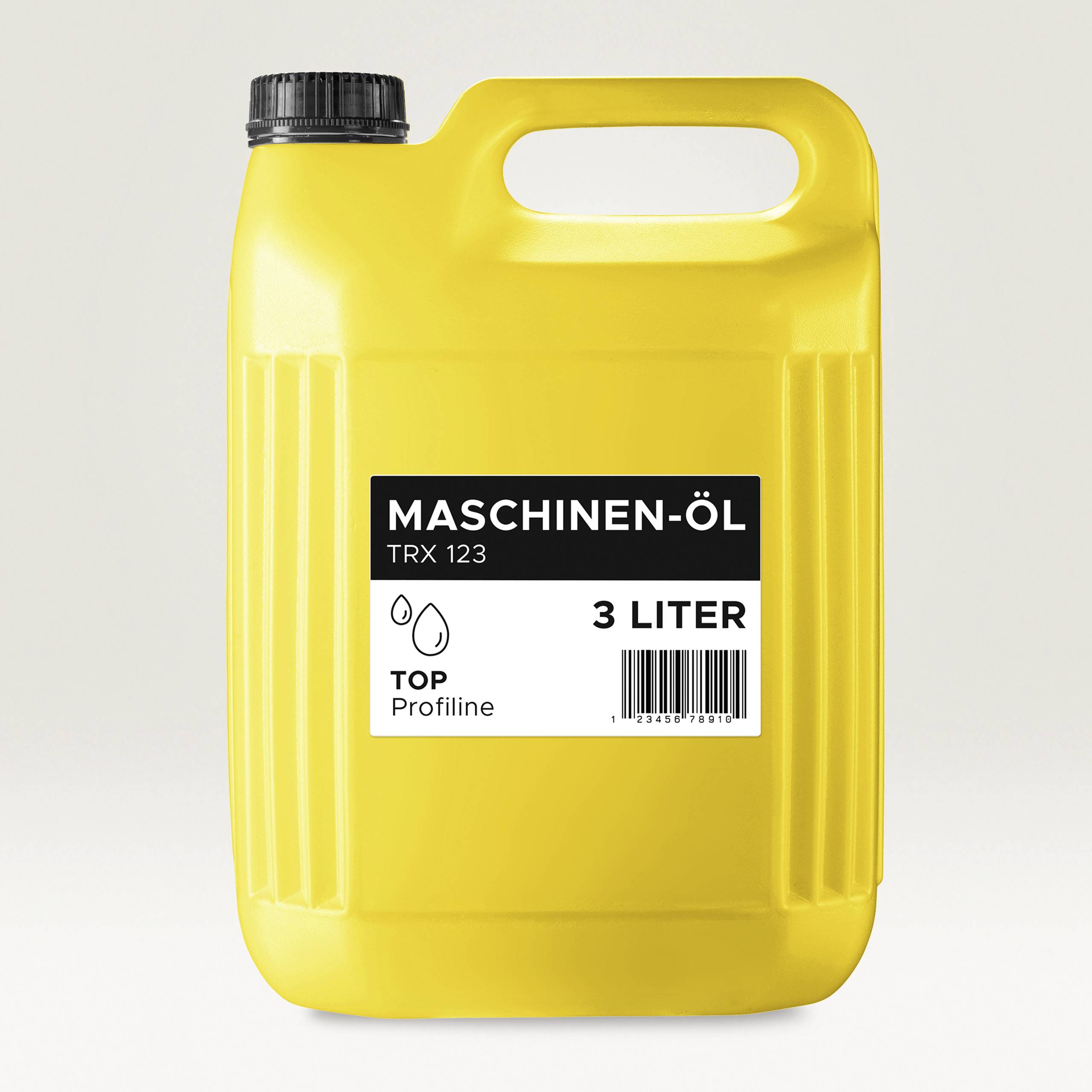 Ein gelber Kanister mit schwarzem Etikett, beschriftet 'Maschinen-Öl TRX 123', enthält 3 Liter. Zeigt ein Tropfen-Symbol und Barcode.