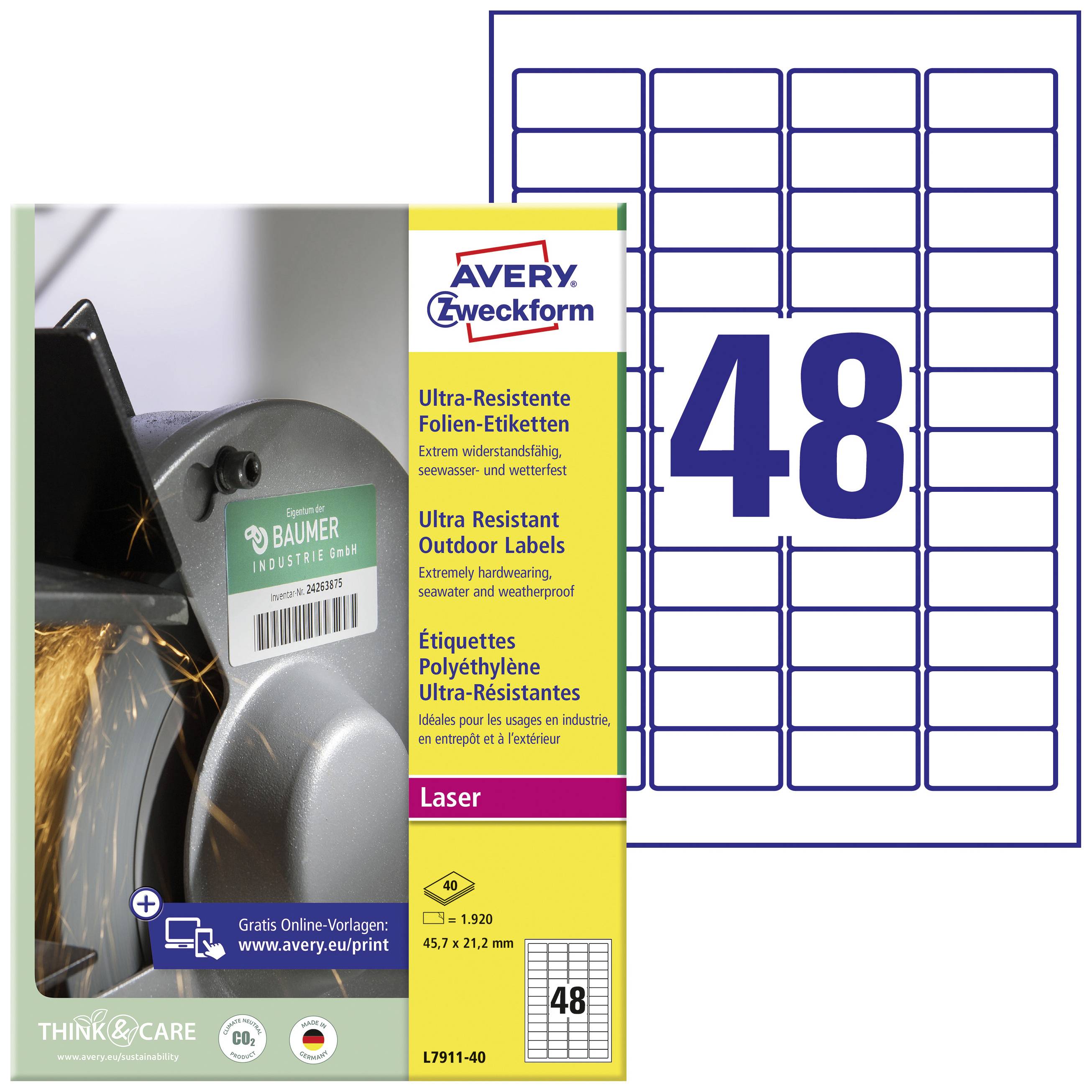 Ultra-resistente Folien-Etiketten von Avery Zweckform, 48 Etiketten pro Blatt, resistent gegen Wasser und Temperaturen.