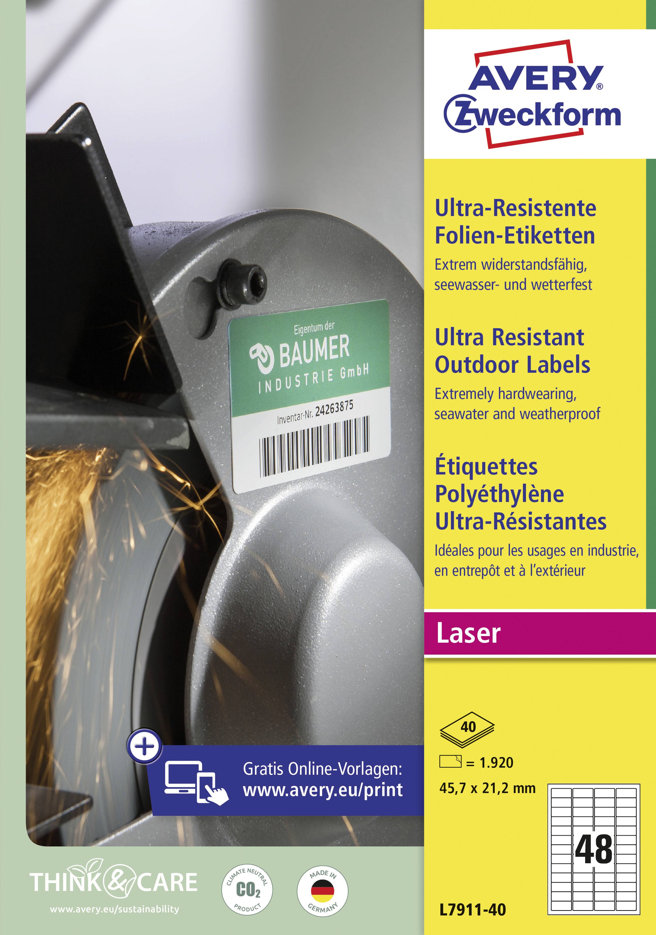 Ultrarobuste Folien-Etiketten von Avery Zweckform. Ideal für Industriebedarf. Größe: 45 x 21,2 mm, 48 Etiketten pro Blatt.