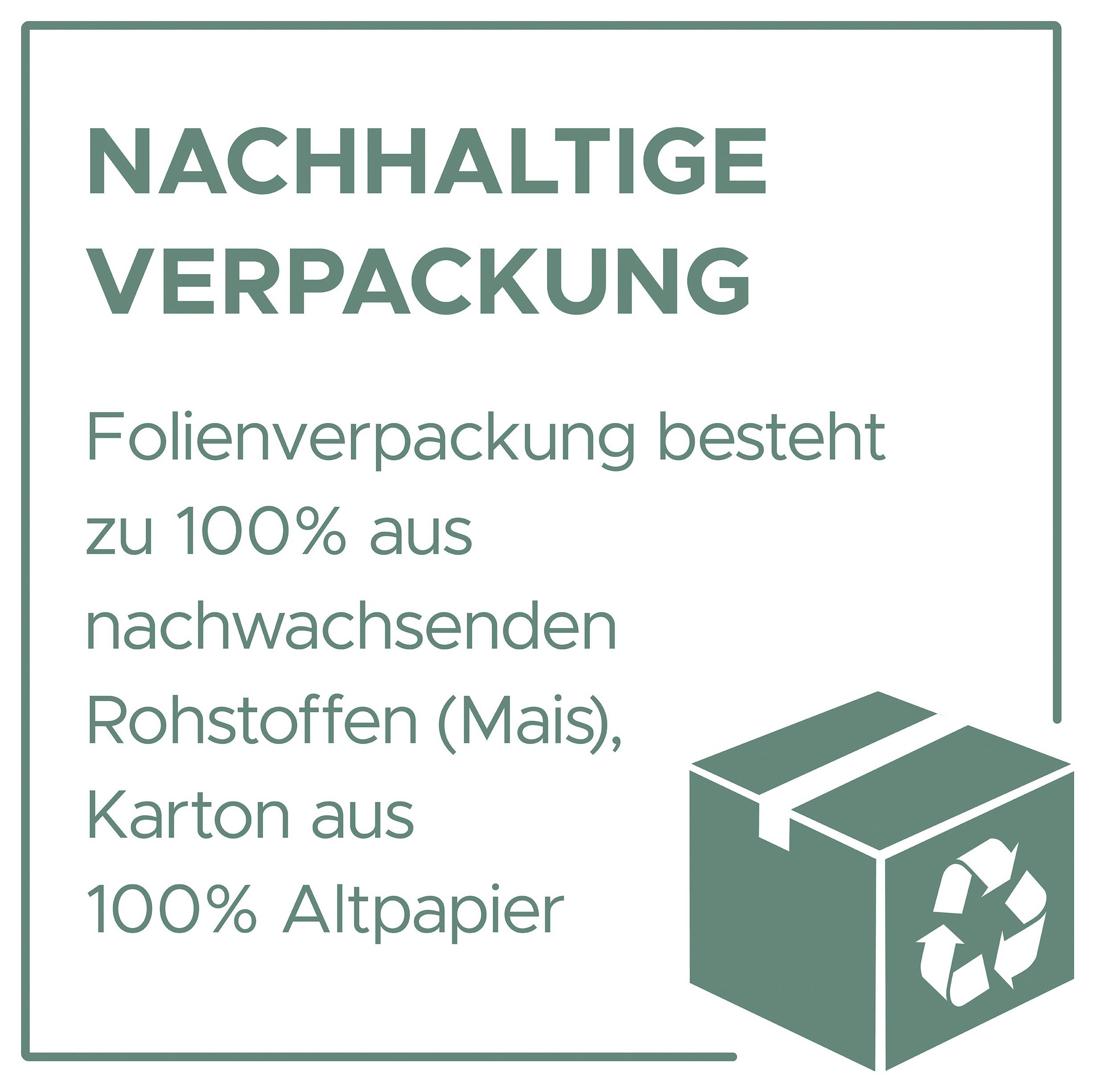 Hinweisgrafik zur nachhaltigen Verpackung: Folienverpackung aus 100% nachwachsenden Rohstoffen (Mais), Karton aus 100% Altpapier; Symbol mit Recyclingbox.
