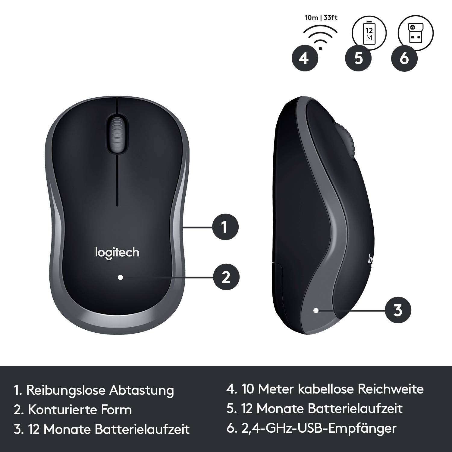Drahtlose Logitech Maus, links schwarz mit Konturen, rechts von der Seite. Merkmale: reibungslose Abtastung, 10 Meter Reichweite, 12 Monate Batterielaufzeit.