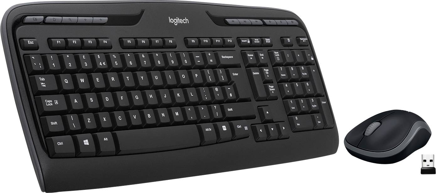 Drahtlose Tastatur und Maus-Set in Schwarz. Tastatur hat Medientasten oben. Maus ist kompakt. Enthält USB-Empfänger.