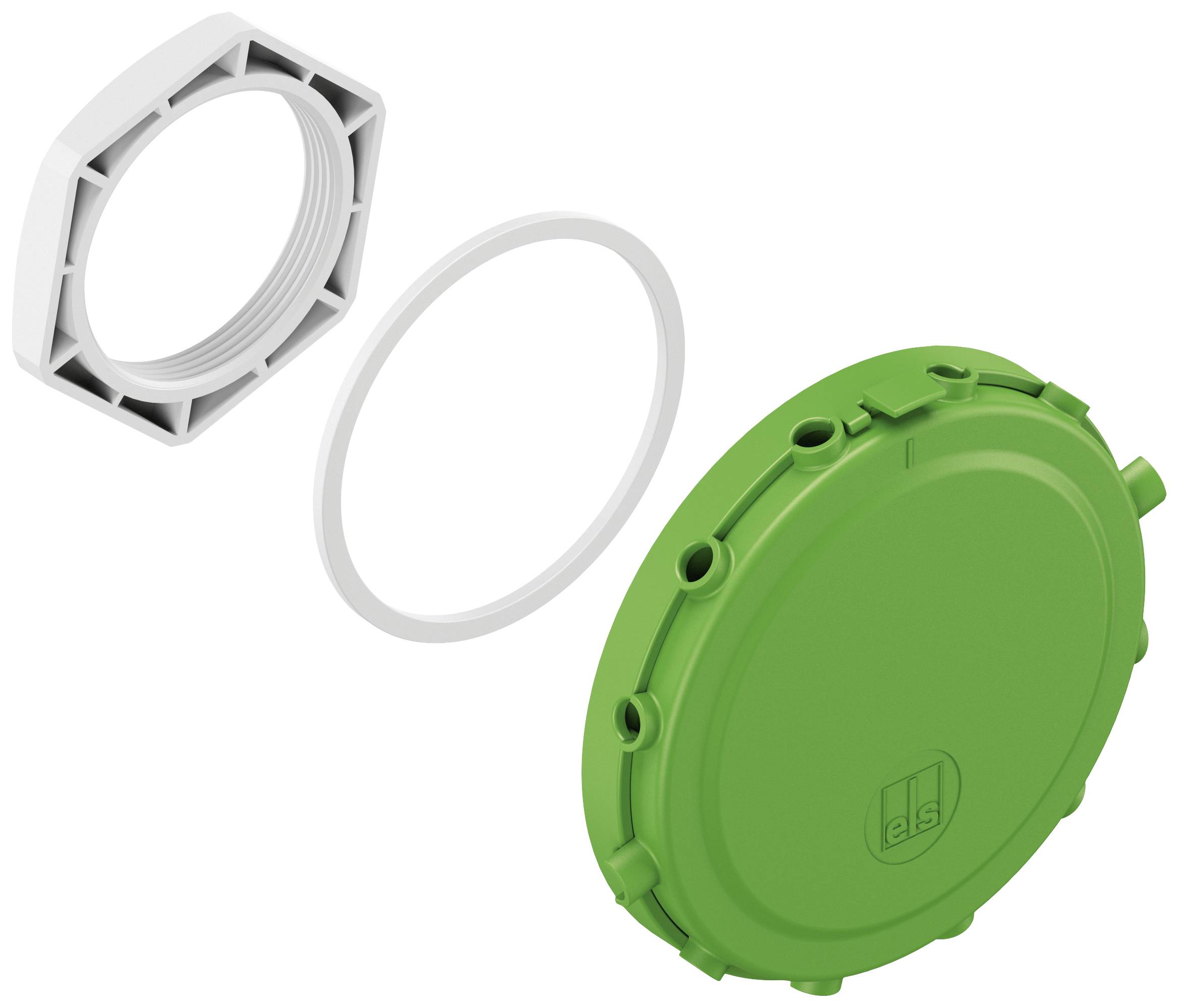 Grüner Installations-Adapter mit weißem Ring und Mutter, passend für Wanddosen. Dient zur sicheren Kabelverlegung.