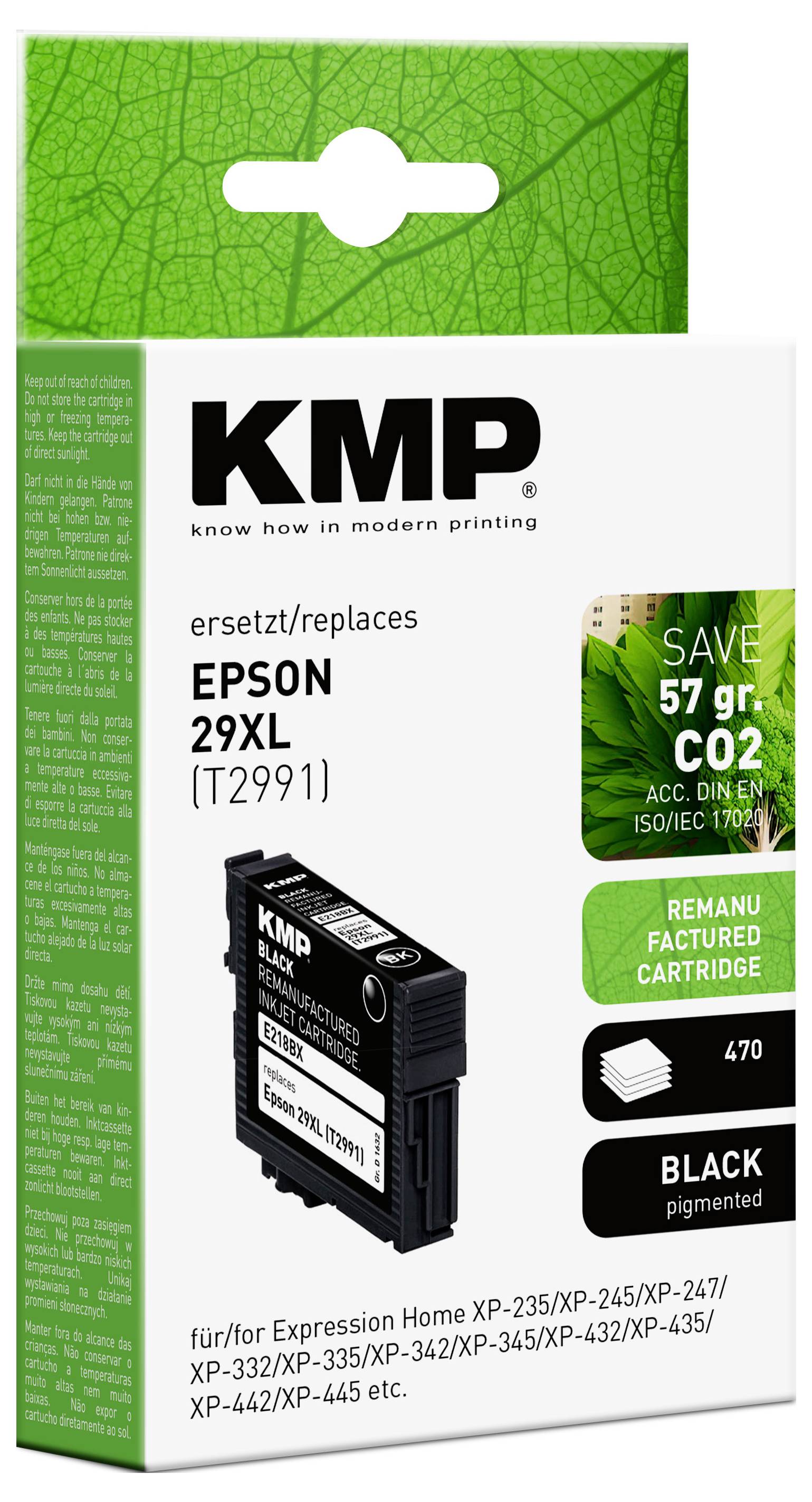 Epson 29XL Schwarzpatrone, kompatibel mit Expression Home Druckern. Verpackung hebt die Einsparung von 57g CO2 hervor und betont die Umweltfreundlichkeit.