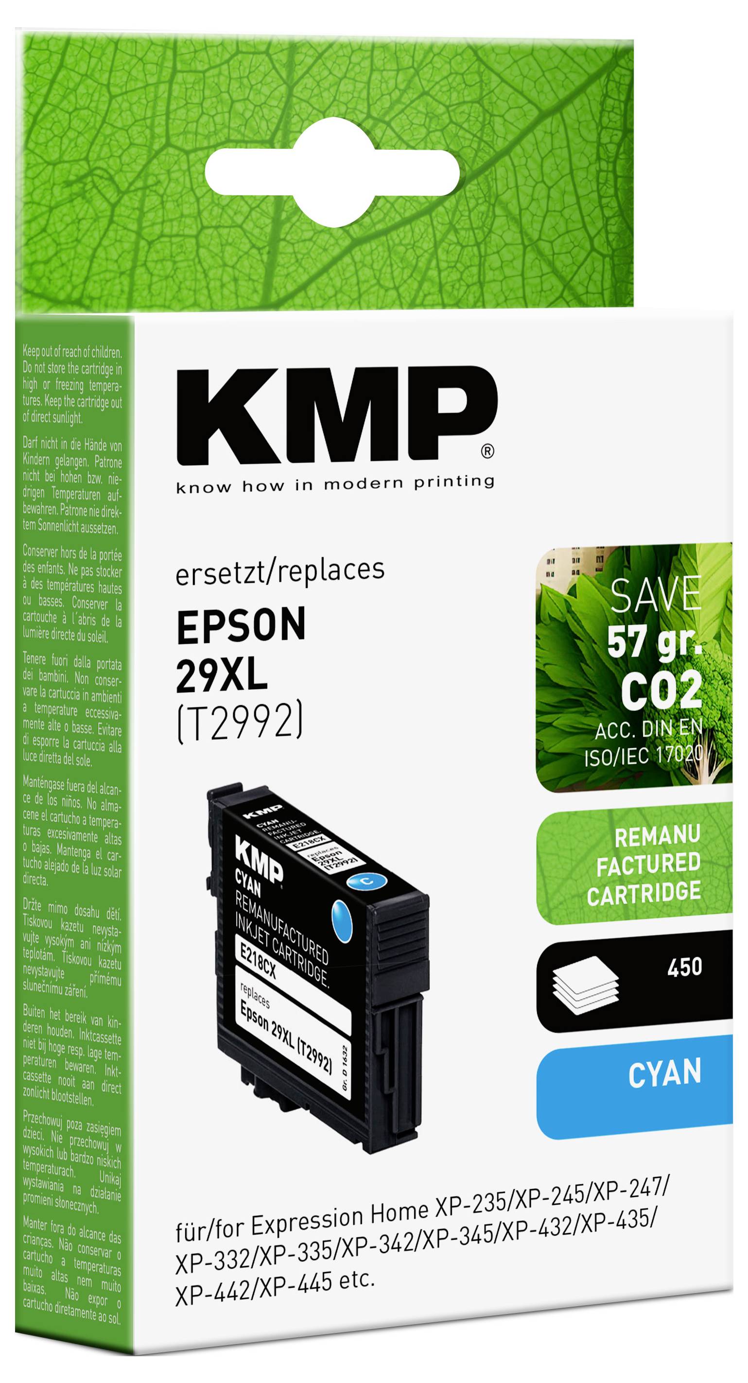Verpackung der 'Epson 29XL' Cyan-Tintenpatrone von KMP, dargestellt in Original- und Wiederaufbereitungsversion. Bewirbt CO2-Reduktion und Umweltvorteile.