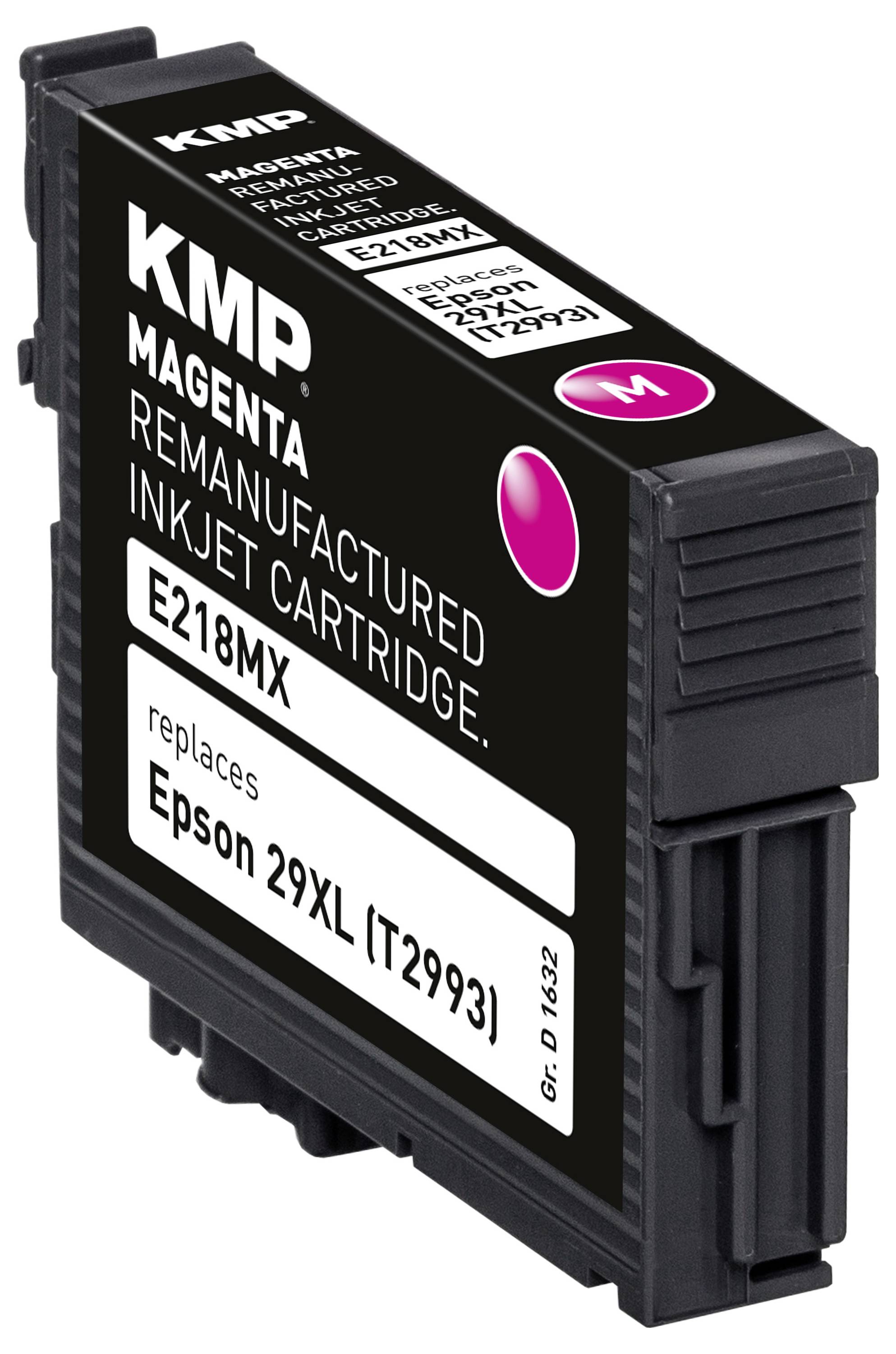 Magenta wiederbefüllte Tintenpatrone mit der Bezeichnung 'KMP' und 'E218MX' für Epson 29XL Drucker.