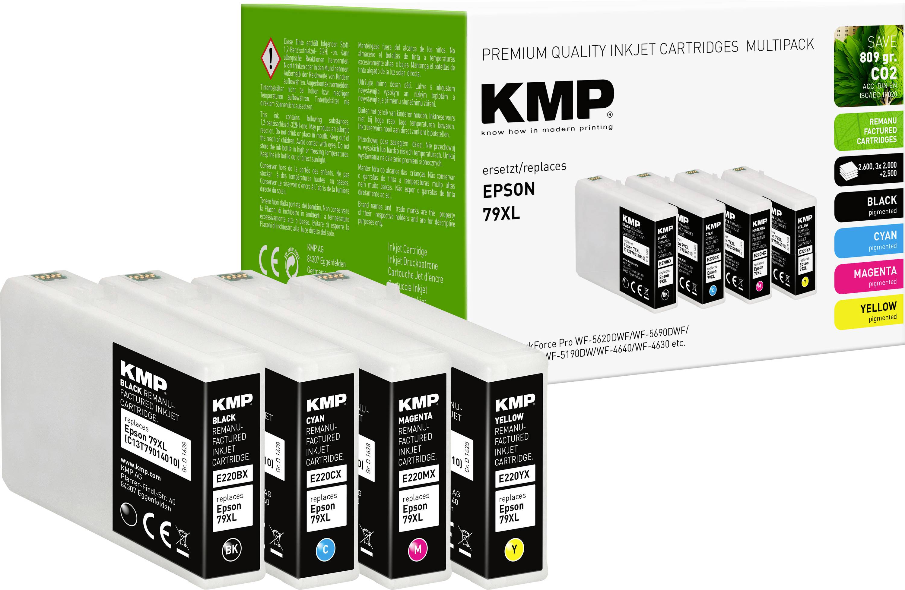 KMP Inkjet-Patronen Multipack, kompatibel mit EPSON 79XL, enthält schwarze, cyan, magenta, gelbe Patronen, umweltfreundliche Verpackung.