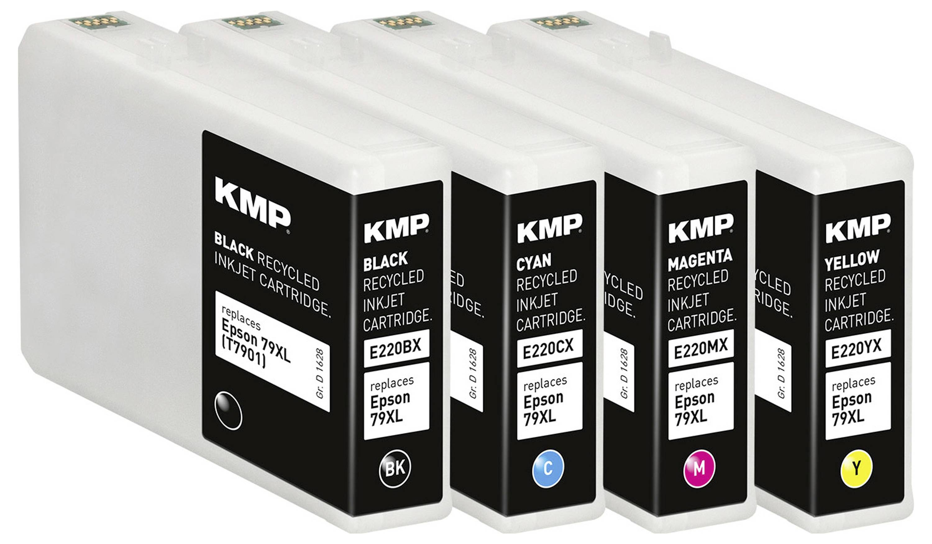 Fünf Tintenpatronen in einer Reihe angeordnet, mit der Aufschrift 'KMP'. Die Farben sind Schwarz, Cyan, Magenta und Gelb, die jeweils Epson 79XL ersetzen.