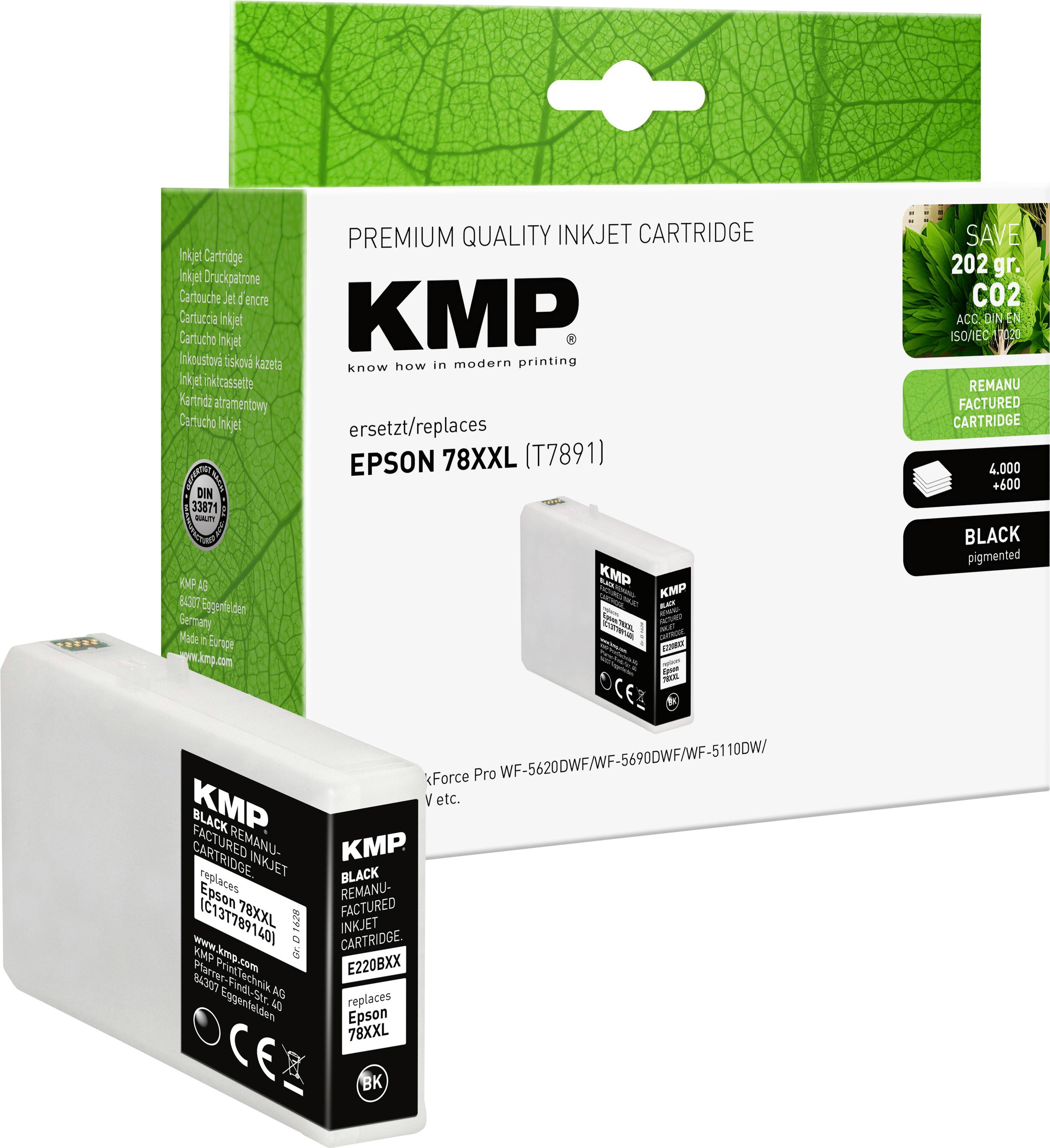 'KMP Tintenpatrone' für Epson 78XXL Druckermodelle, mit 'Premium Qualität' und 'Spare 20g CO2' Hinweisen.