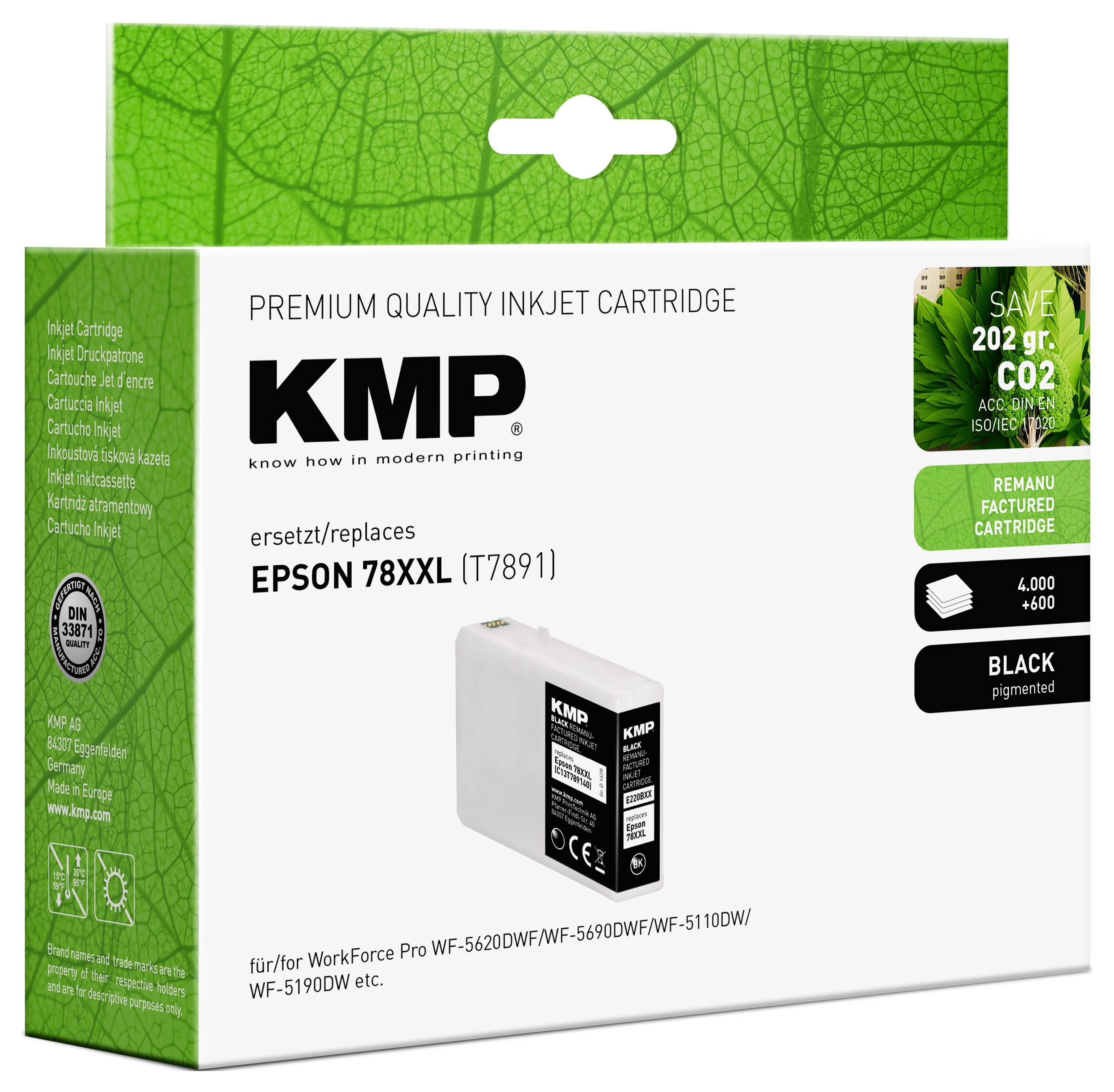 'KMP Premium Qualitäts-Tintenpatrone' für Epson 78XXL. Enthält Informationen zu CO2-Einsparungen und Seitenausbeute. Beinhaltet schwarze Tinte.