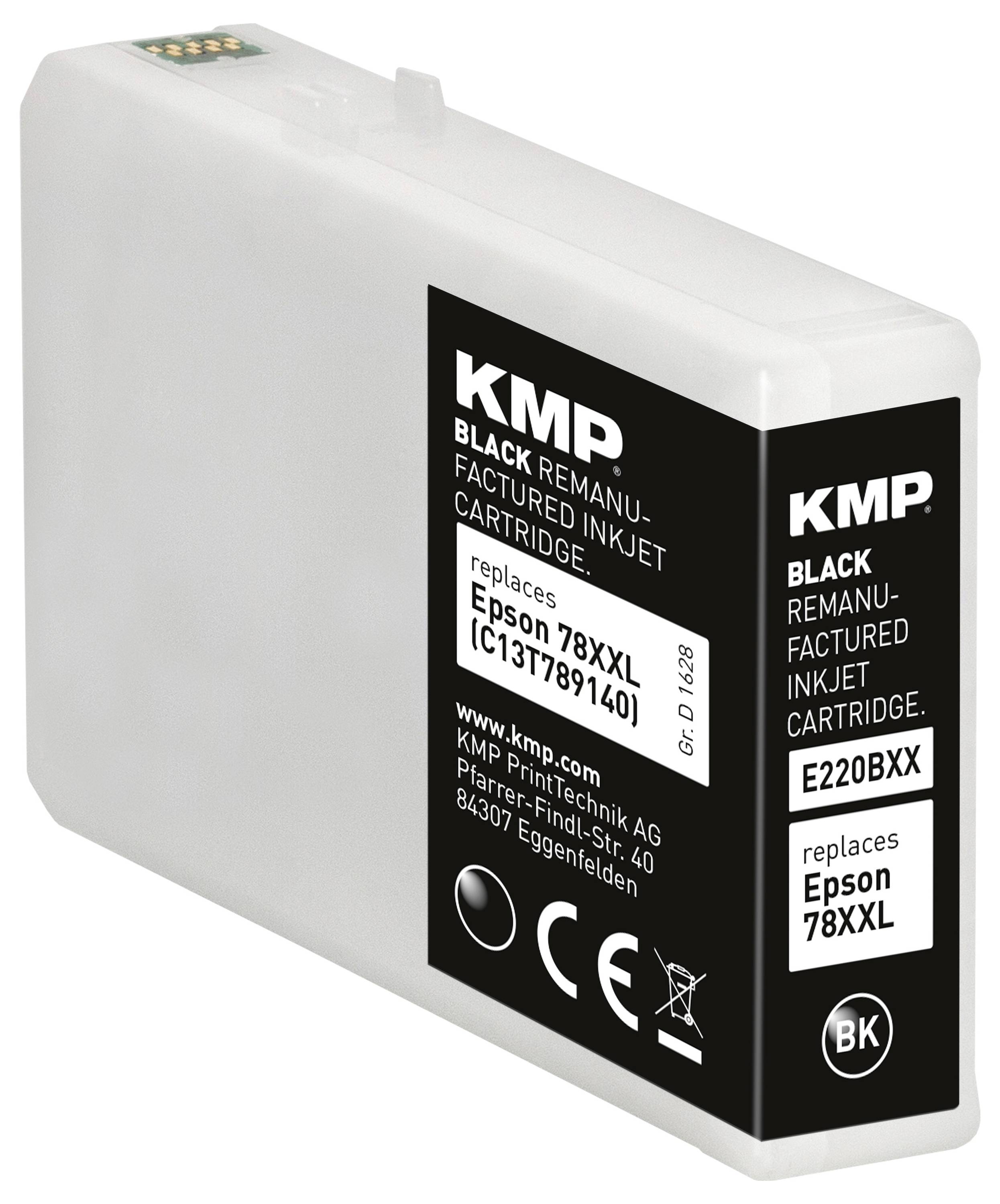 Eine schwarze remanufakturierte Tintenpatrone von KMP, kompatibel mit Epson-Modellen 78XXL (C13T79140), E220BXX und Epson 78XXL BK.