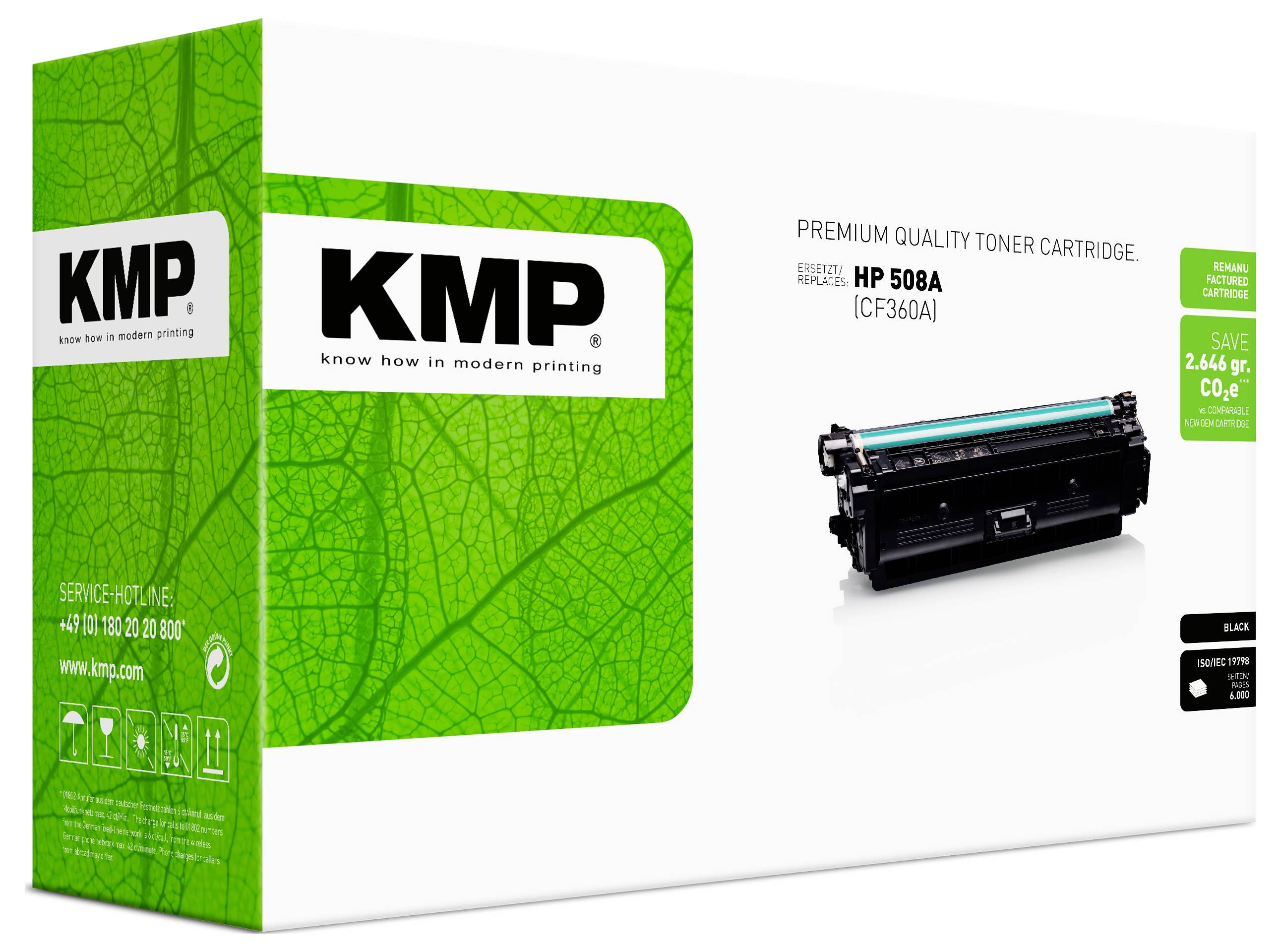 KMP Premium-Qualität Tonerpatrone Verpackung für HP 508A (CF360A), mit grüner umweltfreundlicher Schachteln und Patronenabbild.