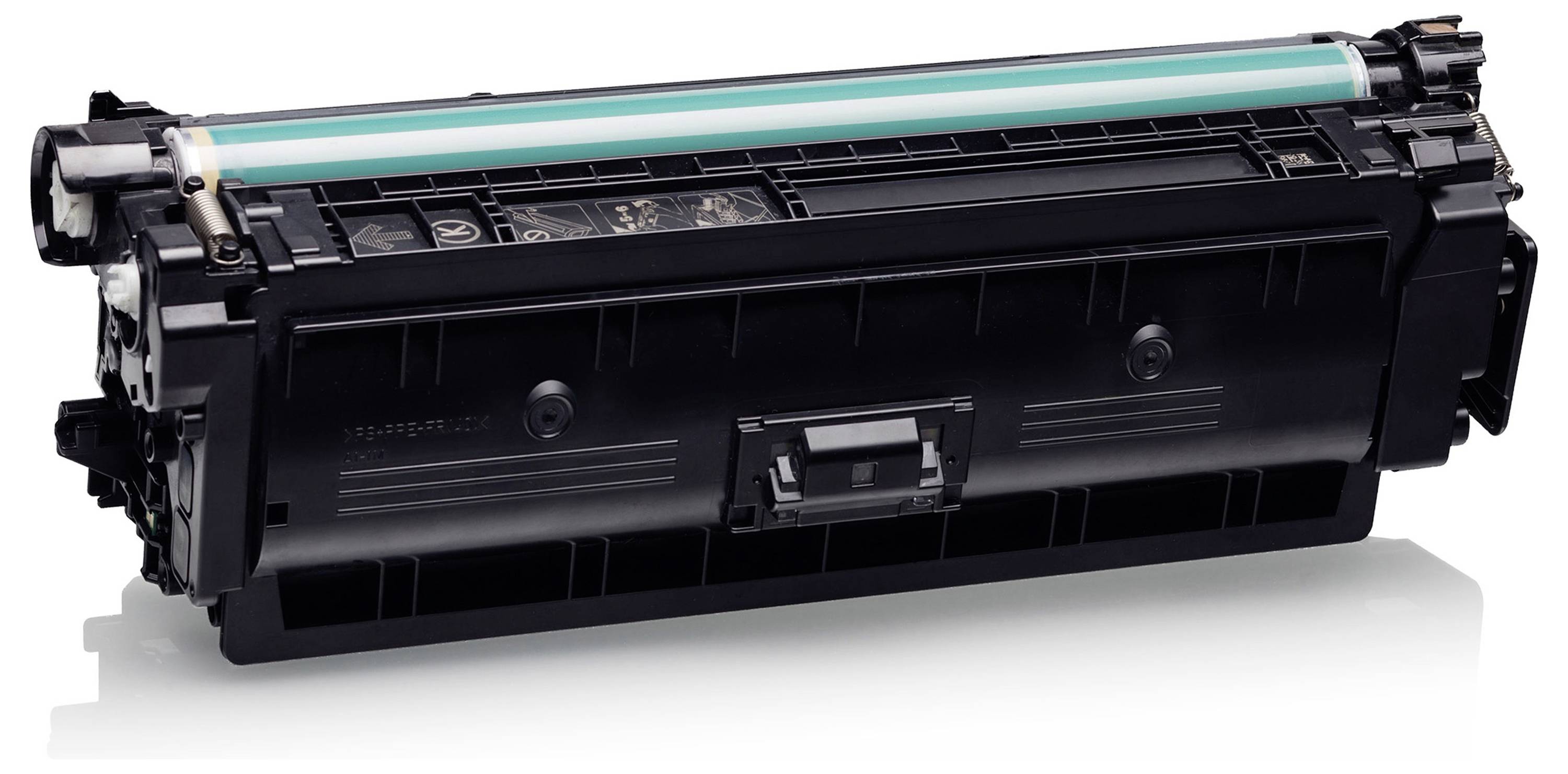 Schwarze Druckertonerkassette mit cyan Trommel, isoliert auf weißem Hintergrund gezeigt.