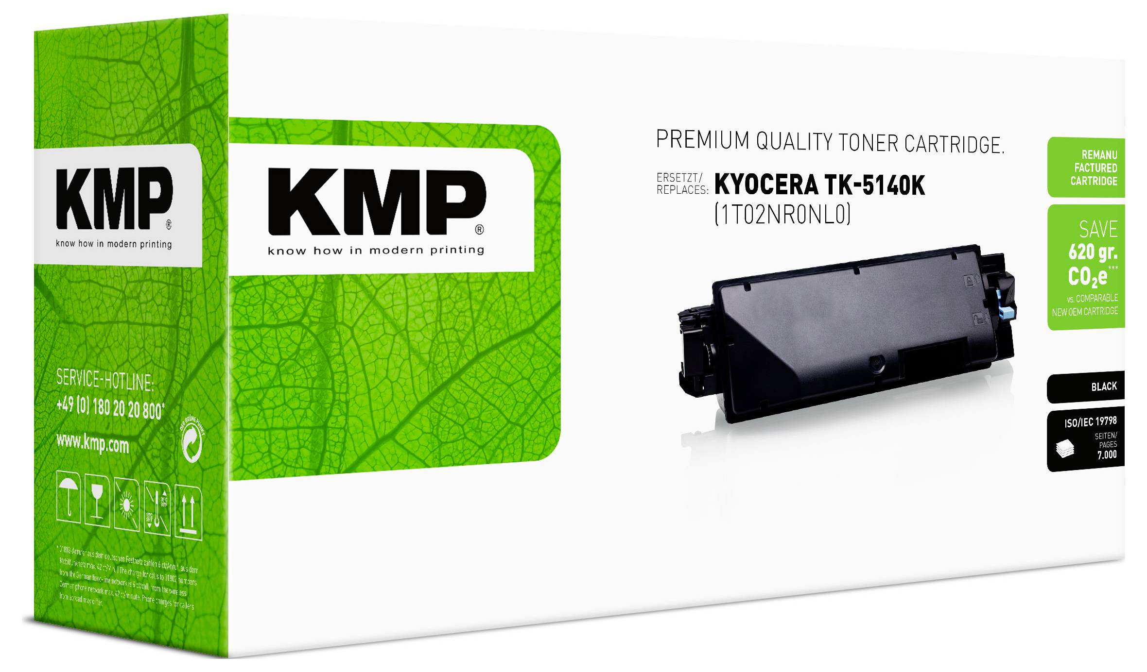 KMP Premium-Qualität Tonerkassette Verpackung für Kyocera TK-5140K, zeigt eine schwarze Kassette und grünes KMP-Branding.