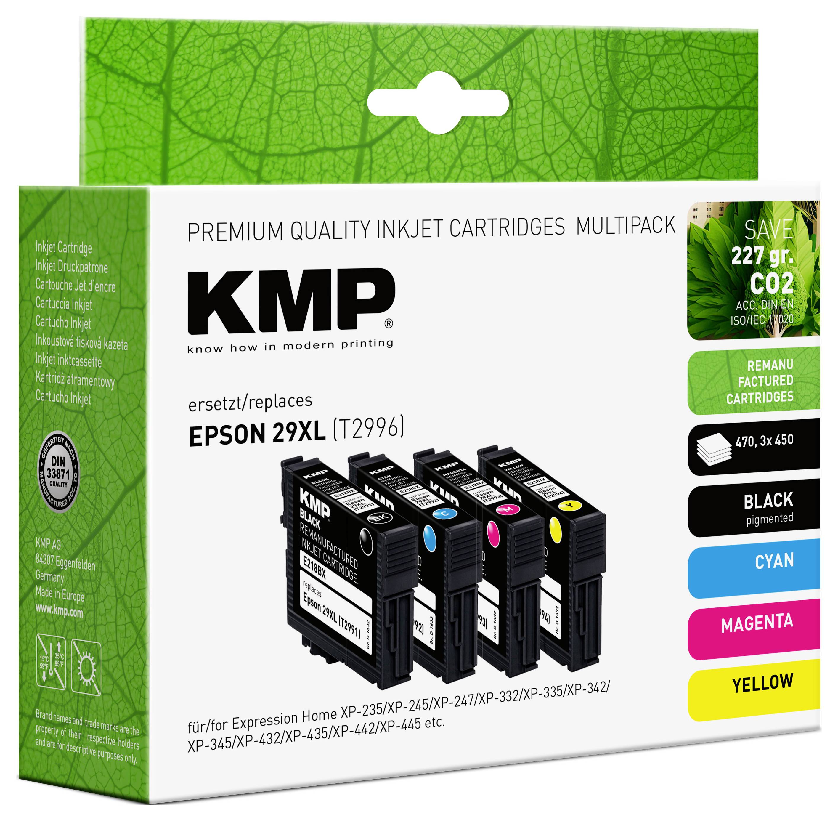 KMP Premium Quality Tintenpatronenset Multipack für Epson 29XL. Enthält schwarz, cyan, magenta und gelb.