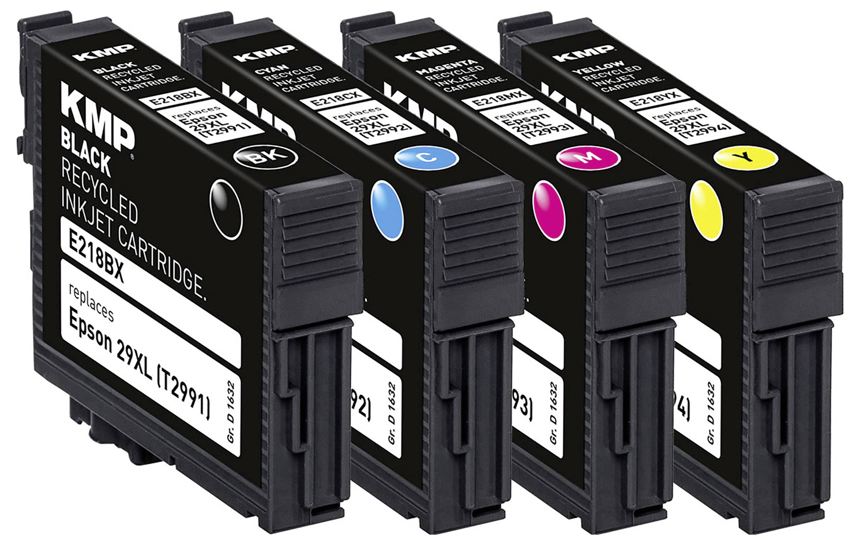 Vier Tintenpatronen, beschriftet mit 'Schwarz', 'Cyan', 'Magenta' und 'Gelb', sind nebeneinander ausgerichtet. Jede ist mit 'KMP Recycled Inkjet Cartridge' gekennzeichnet.