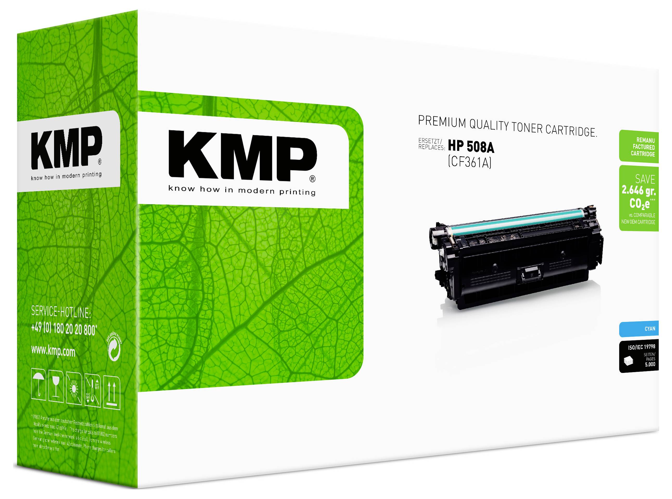KMP Premium-Qualität Tonerkartusche Verpackung für HP 508A (CF361A), gezeigt mit dem Kartuschenabbild auf einer weißen Schachtel.