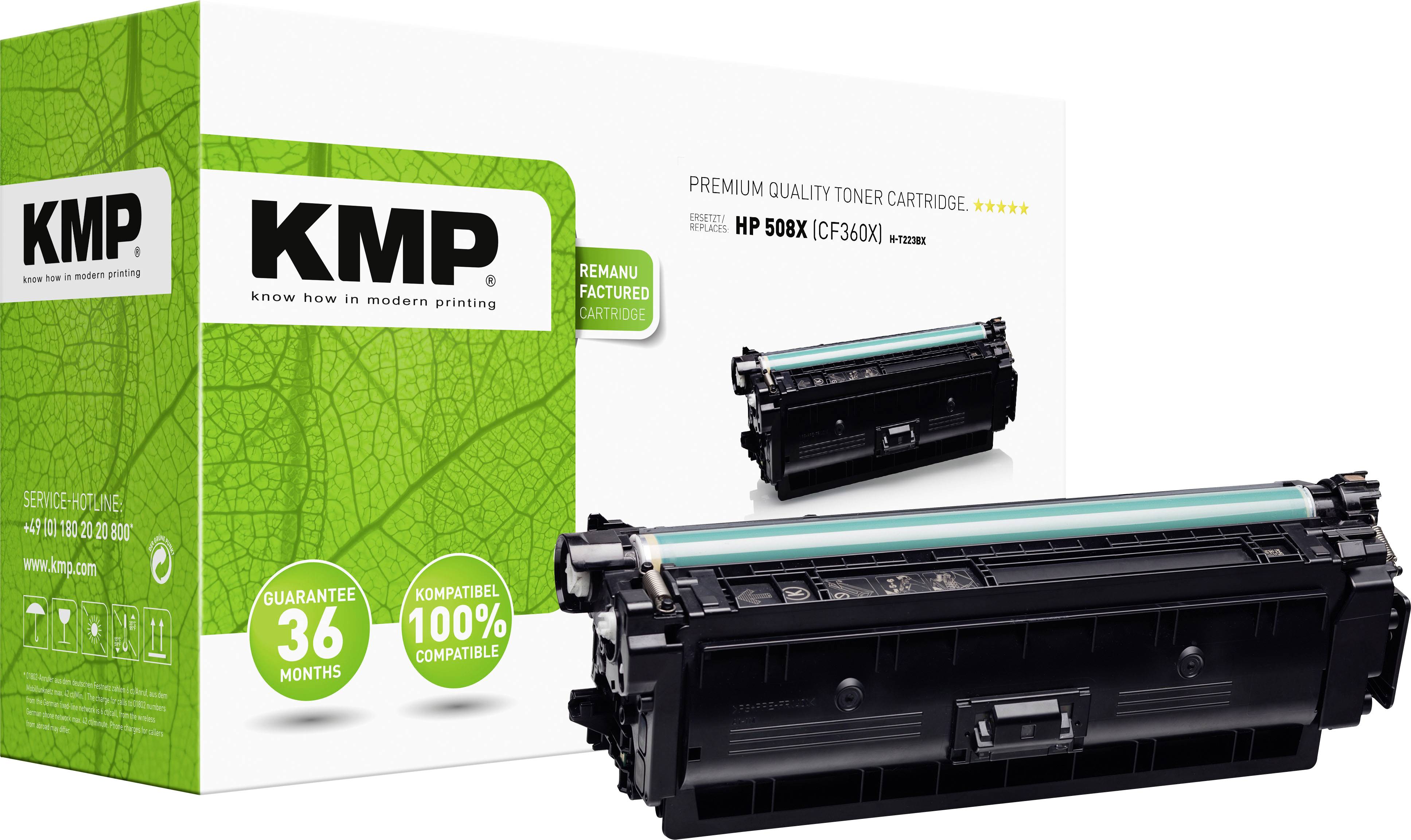 Verpackung und Tonerkartusche der Marke KMP, Modell 'HP 508X CF360X', für Drucker. Garantie: 36 Monate, zu 100 % kompatibel.