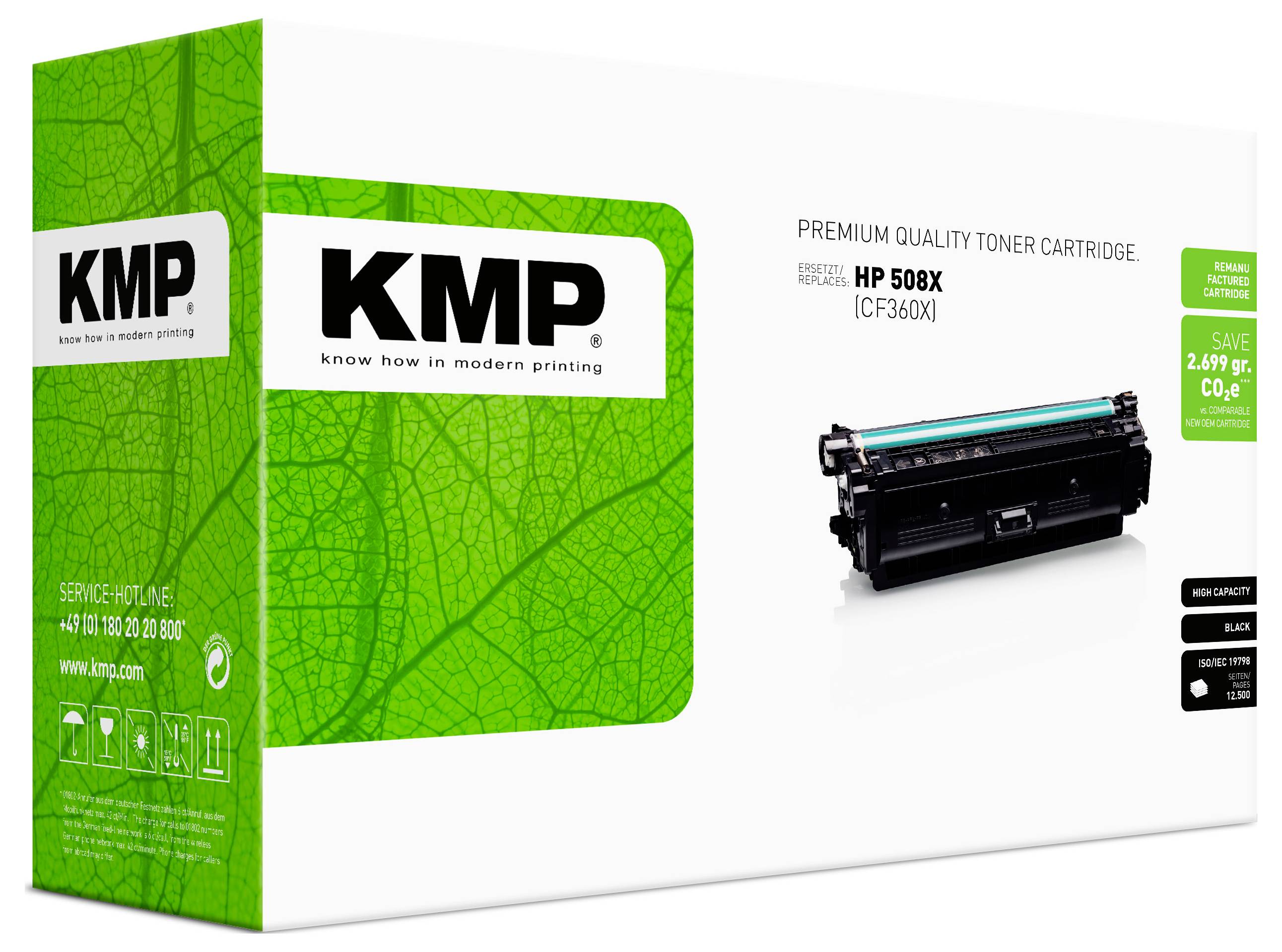 KMP Premium-Qualität Tonerpatrone Box für HP 508X (CF360X), dargestellt mit grüner Verpackung und Patronenabbildung auf weißem Hintergrund.