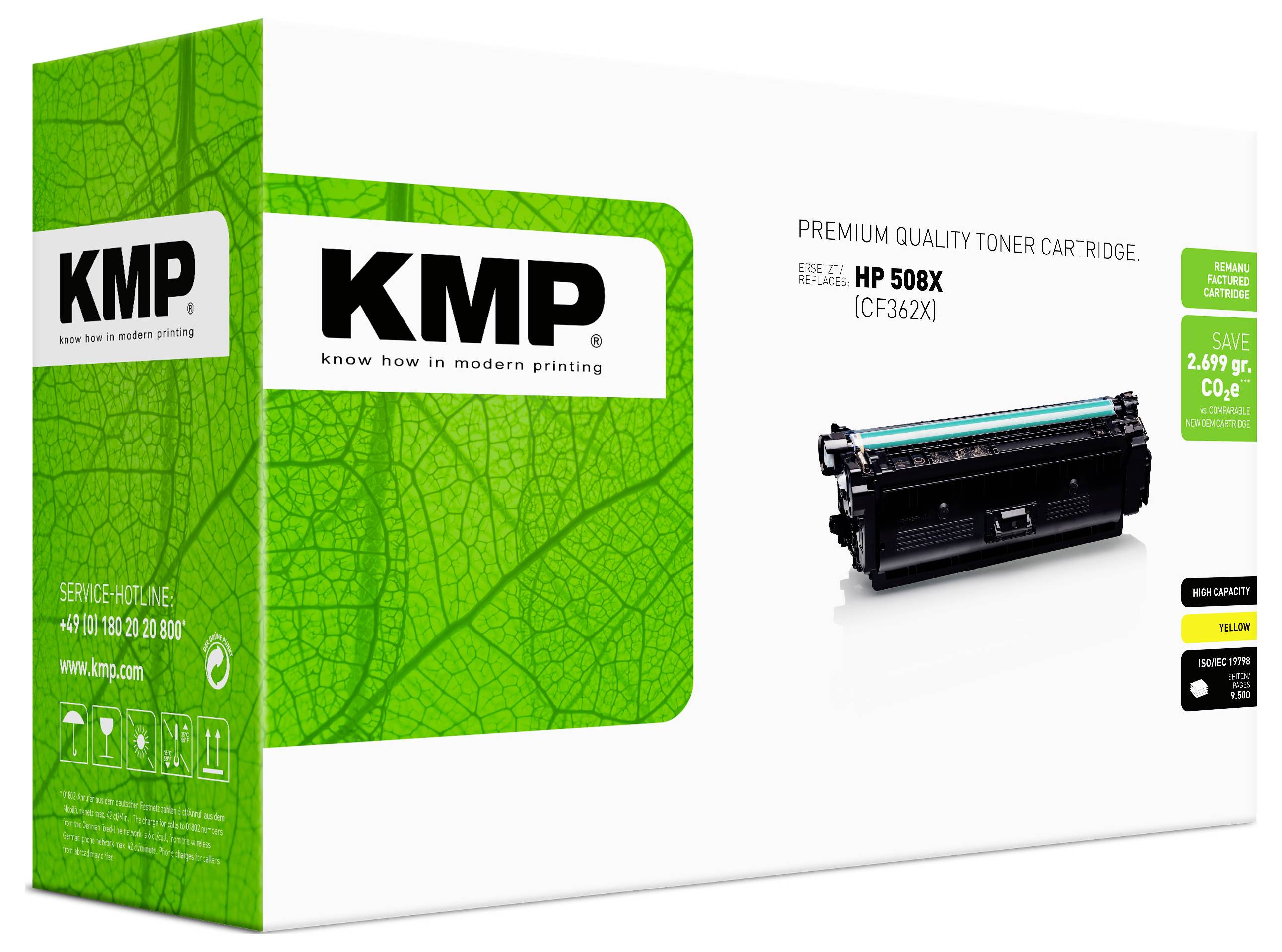 KMP Premium-Qualitäts-Tonerkartusche für HP 508X (CF362X), gezeigt in grün-weißer Verpackung mit dem Tonerbild und "Sparen"-Etikett.