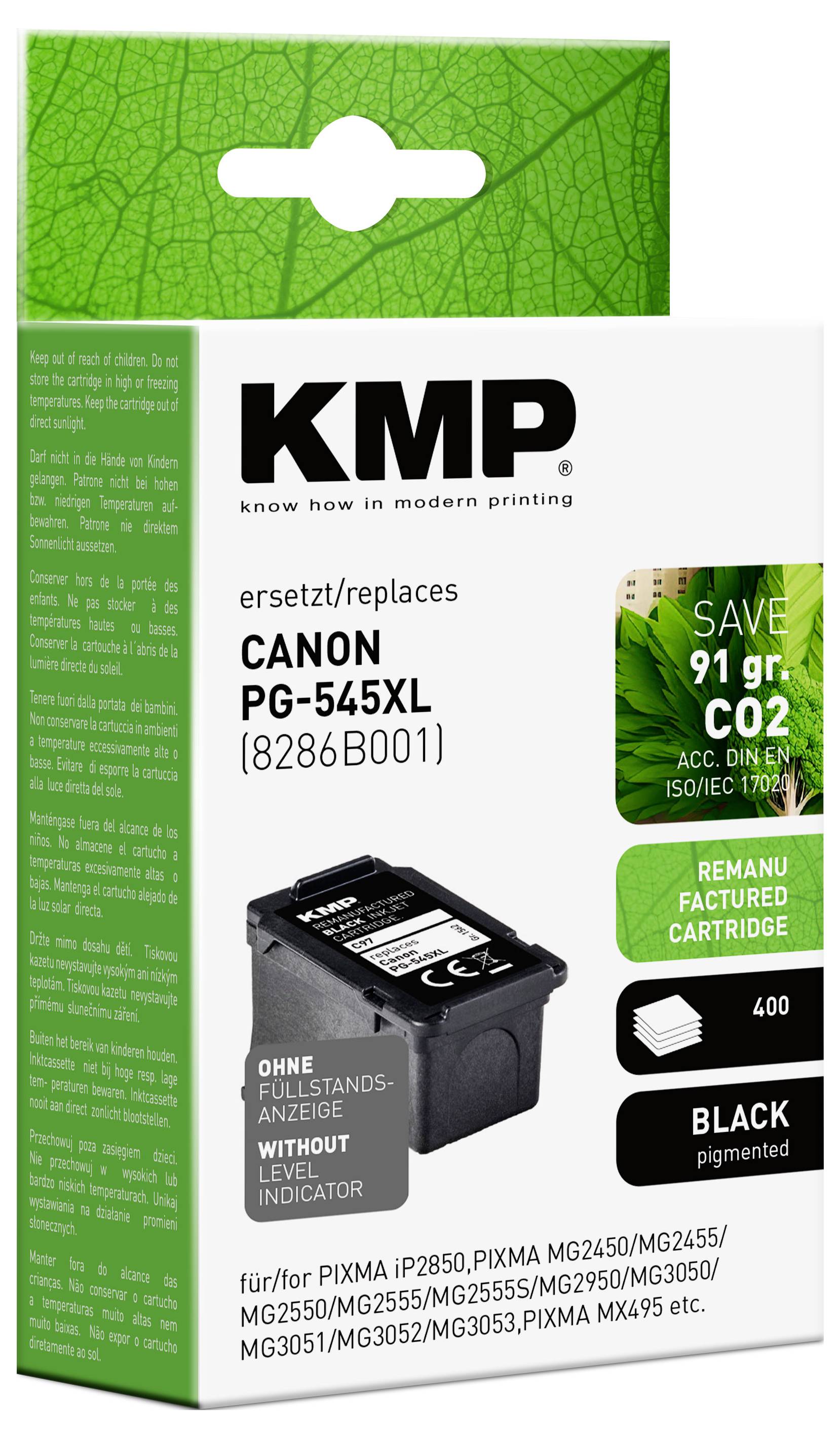 Eine 'Canon PG-545XL' Tintenpatrone Verpackung, die den Originalpatrone ersetzt. Zeigt ein 'Spare 91g CO2' Symbol. Kompatibel mit bestimmten Druckermodellen.