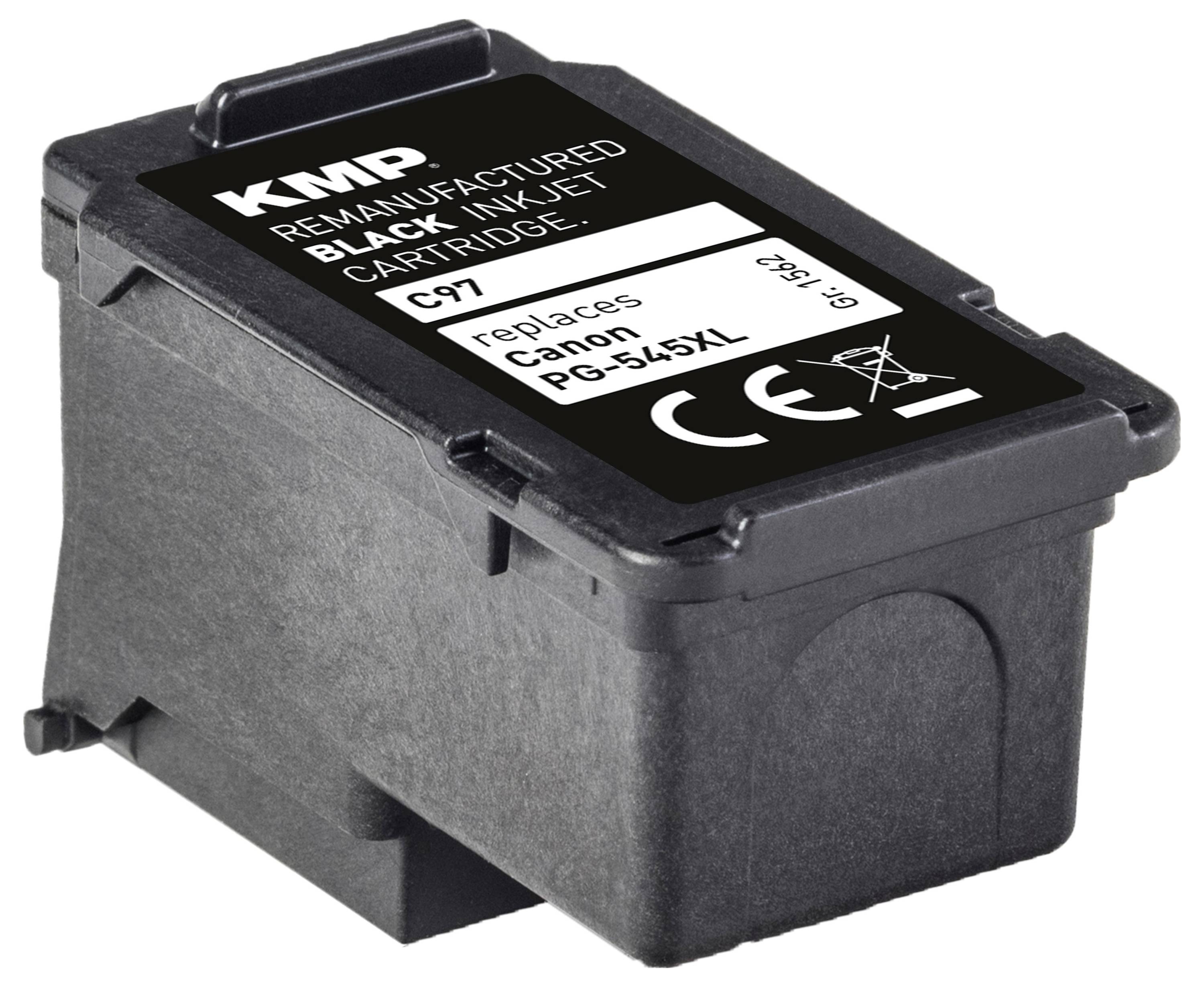 Schwarze Tintenpatrone mit Aufschrift 'KMP Remanufactured', kompatibel mit 'Canon PG-545XL', Modell 'C97', mit CE-Kennzeichnung.