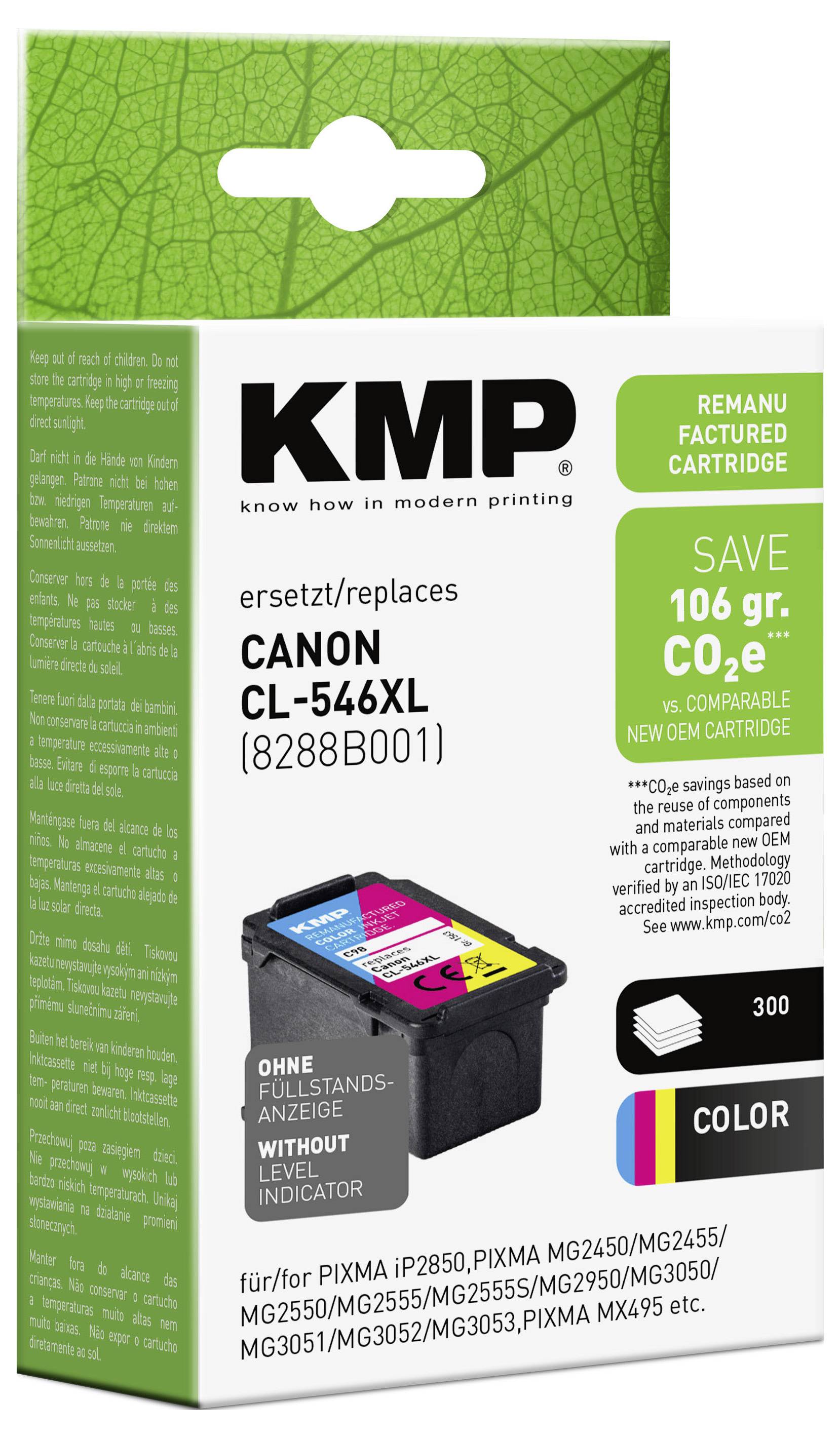 Verpackung für eine KMP nachgefertigte Tintenpatrone, gekennzeichnet mit „ersetzt CANON CL-546XL", mit „SPAREN 106 g CO2e", Farbpatronenbild und Seitenleistung 300.