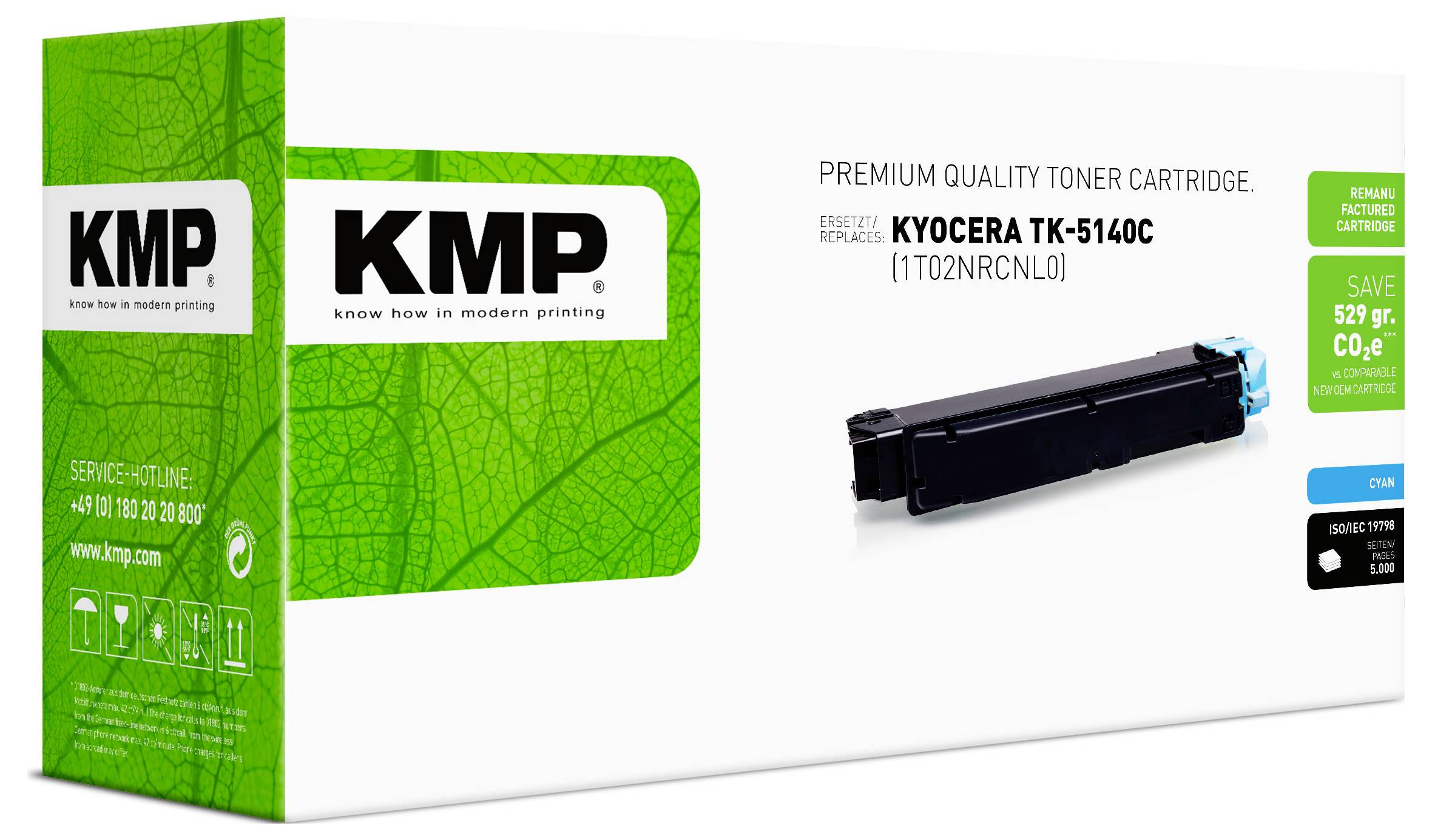 KMP Premium-Qualität Tonerpatrone Box für Kyocera TK-5140C, zeigt die schwarze Patrone und grüne Verpackung mit dem Claim "529 g CO2 sparen".