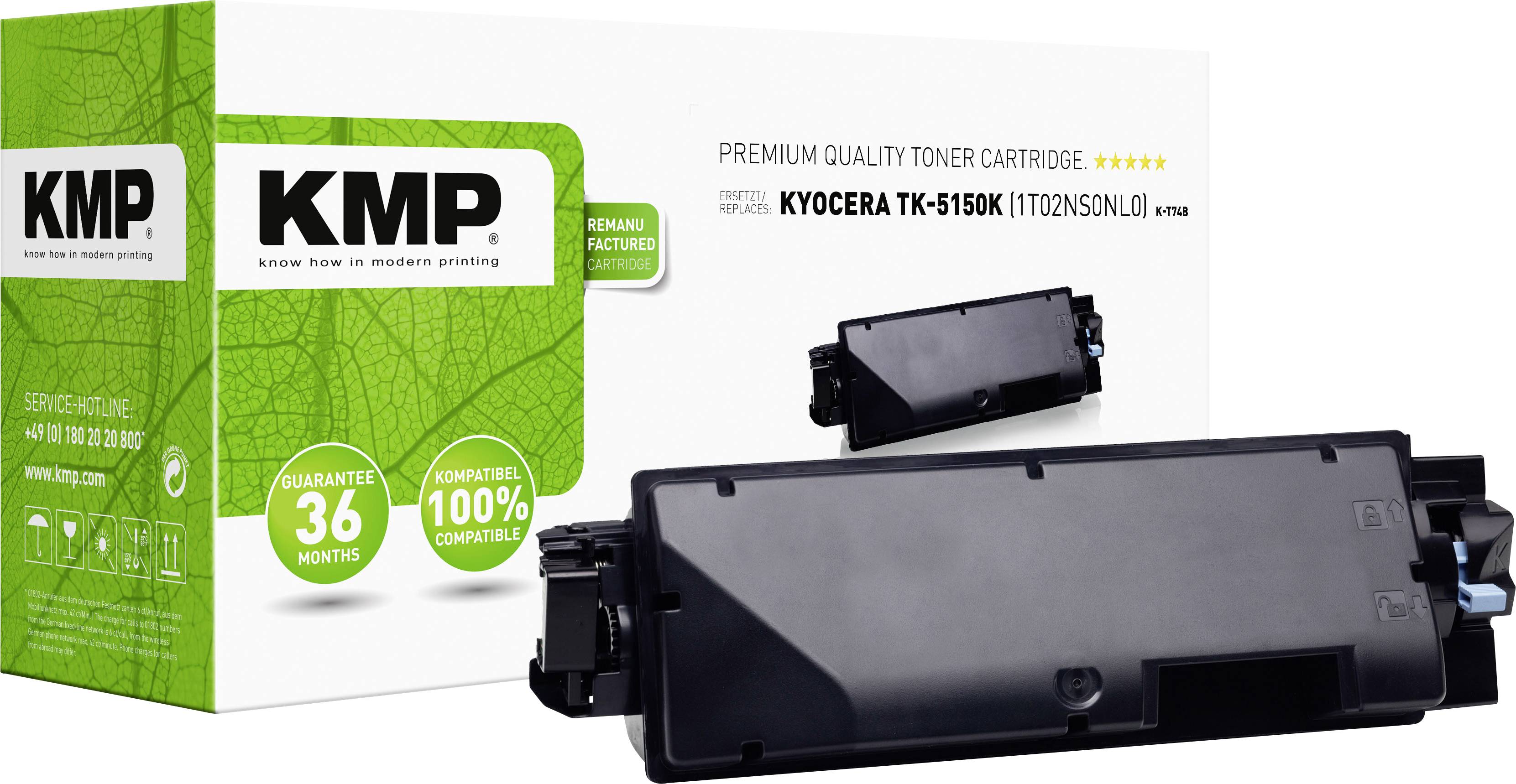 Eine KMP Tonerpatrone für Kyocera TK-5150K, kompatibel, 36 Monate Garantie, grüne Verpackung mit Blättermuster, schwarze Patrone.