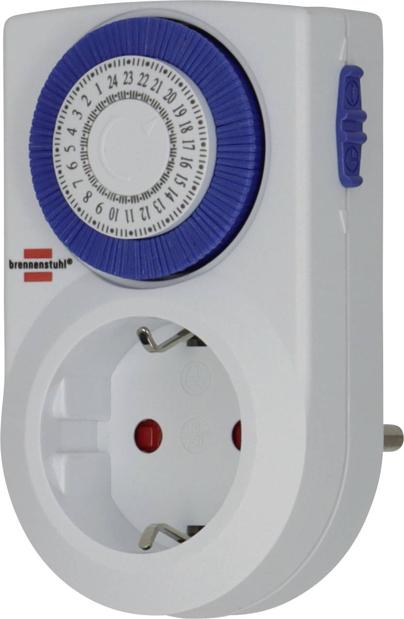 Weißer Stecker-Mechanischer Timer mit blauem 24-Stunden-Zifferblatt und geerdeter Steckdose zum Planen der Geräte-Stromversorgung.