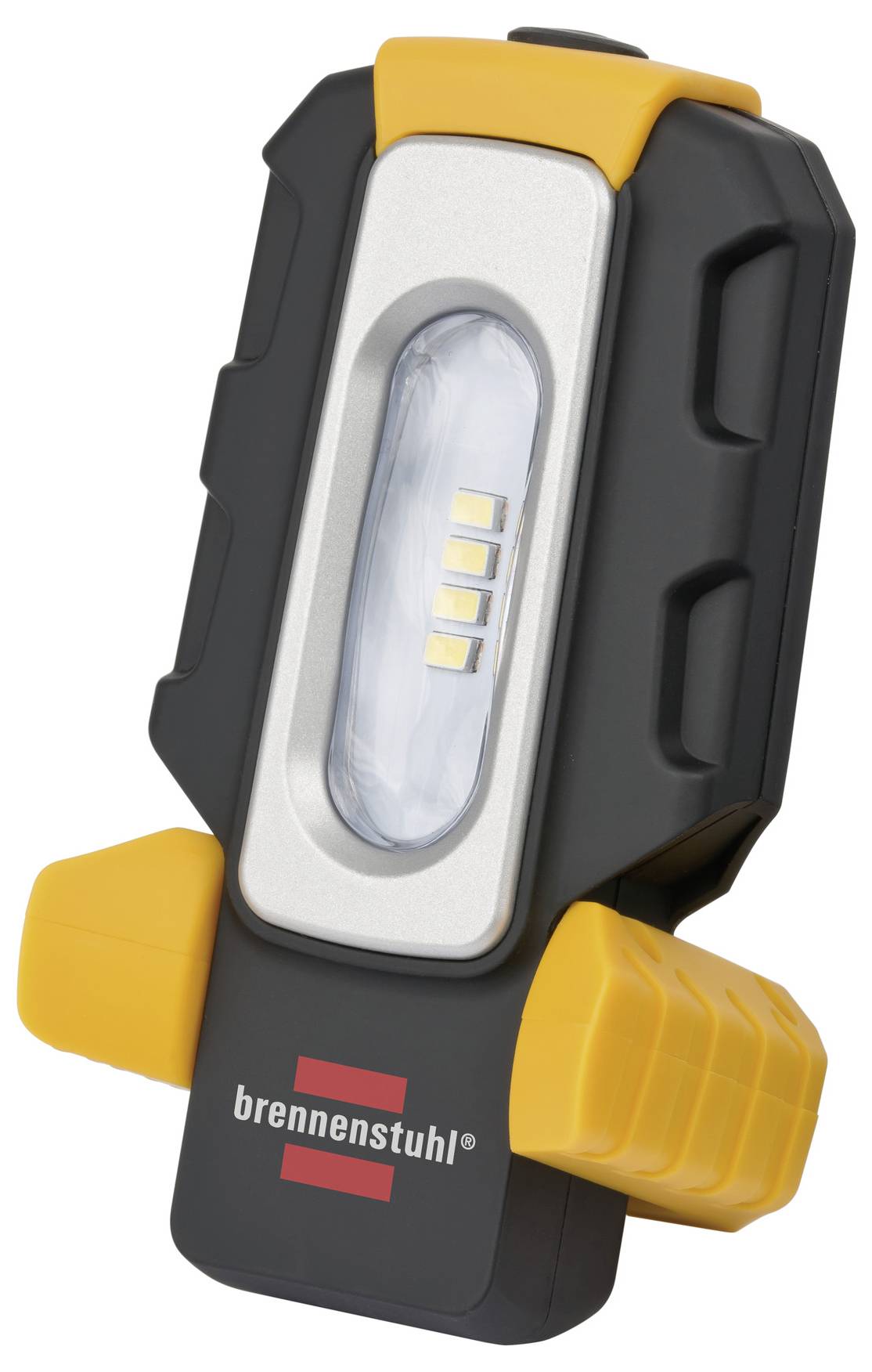 Ein tragbares LED-Arbeitsleuchte in Schwarz und Gelb mit zentralem Lichtpanel und 