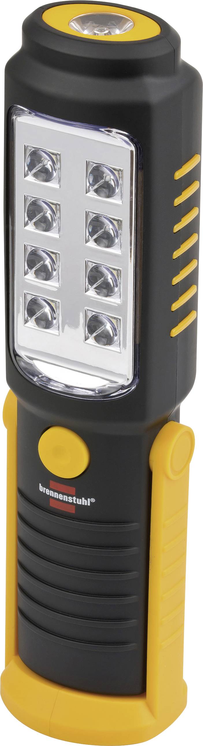 Tragbare LED-Arbeitsleuchte in Schwarz und Gelb mit oberer Spotleuchte, vorderer Lichtplatte, seitlichen Griffleisten und Standvorrichtung.