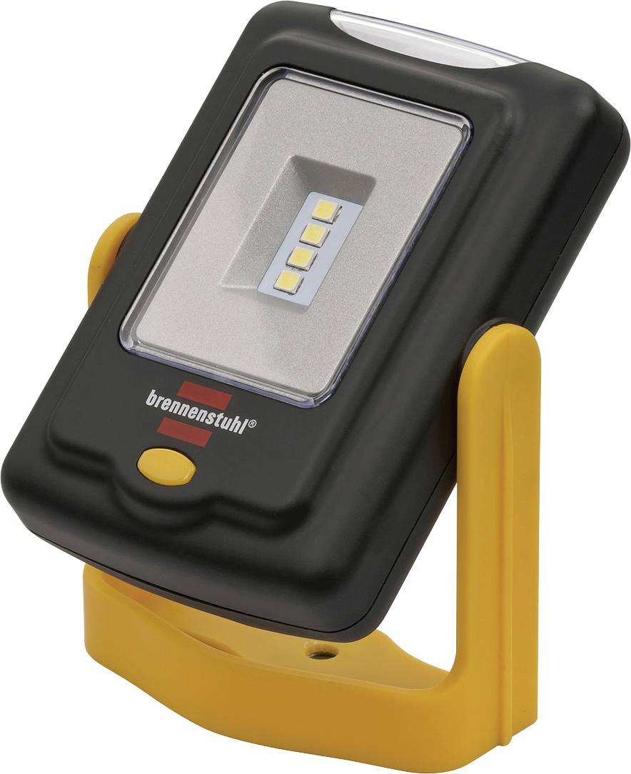 Tragbare schwarz-gelbe LED-Arbeitsleuchte mit verstellbarem Ständer und vier LED-Paneelen auf weißem Hintergrund.