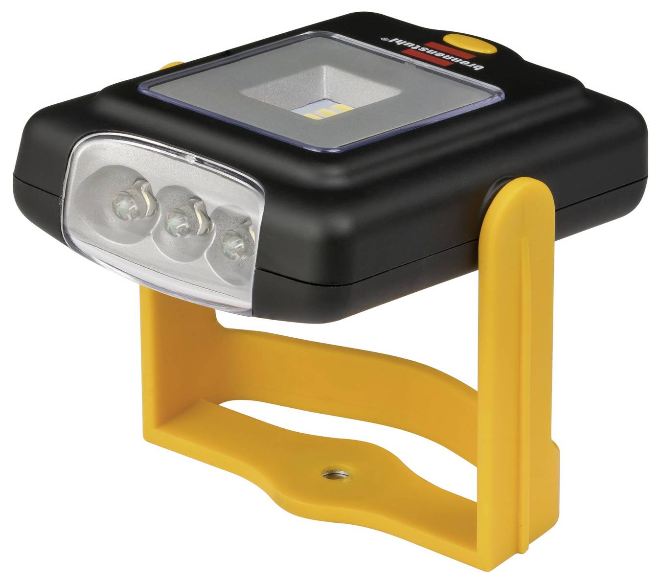 Schwarzbare tragbare LED-Arbeitsleuchte mit drei vorderen LEDs und einem gelben verstellbaren Ständer auf weißem Hintergrund
