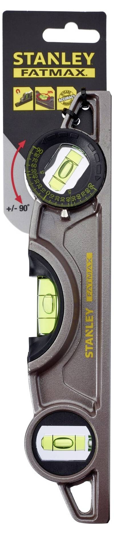 Eine Wasserwaage von Stanley FatMax mit zwei integrierten Libellen und einer Verpackungsschleife, ideal für präzises Ausrichten.