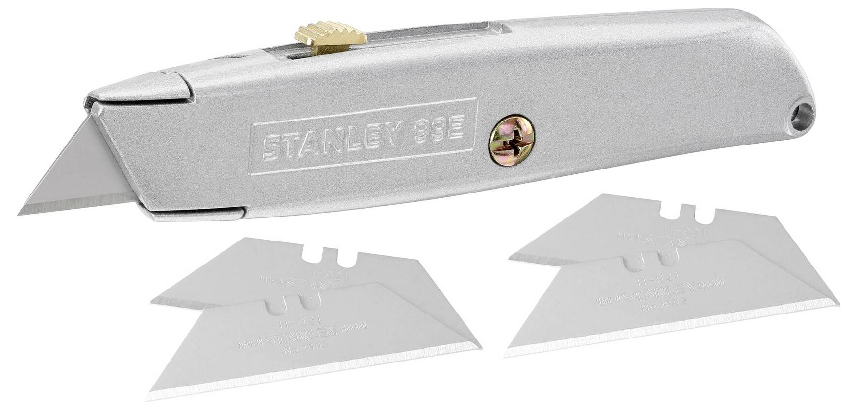 Silbernes Teppichmesser mit zwei Ersatzklingen.