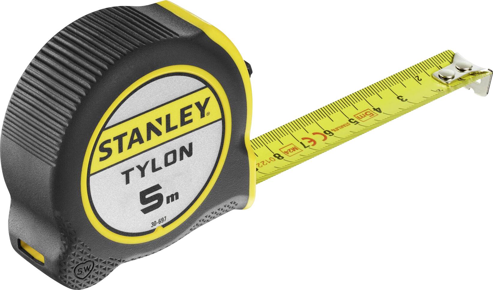 Ein gelbes und schwarzes Maßband mit 'STANLEY TYLON 5m' Schriftzug, aufgerollt mit einem ausgezogenen Abschnitt zur Längenmessung.