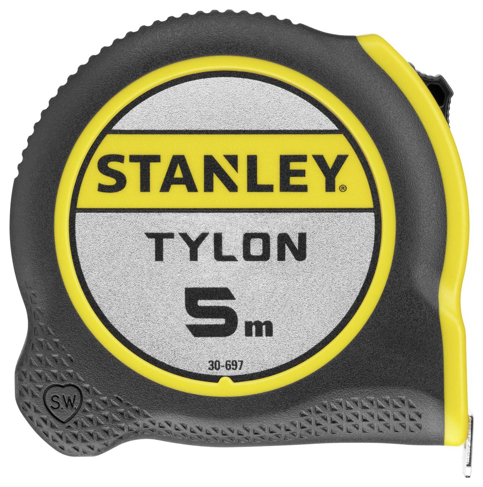 Ein schwarzes und gelbes Maßband der Marke 'Stanley' mit der Beschriftung 'Tylon 5m'.