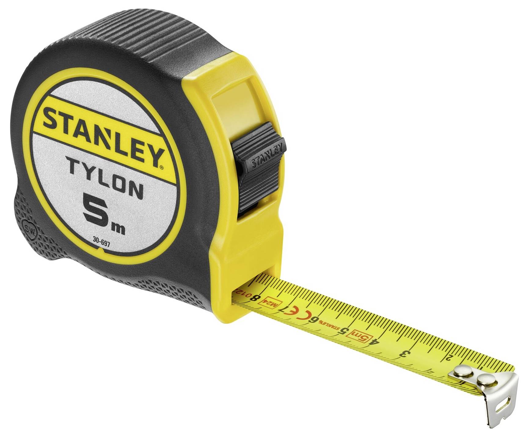Ein gelbes und schwarzes Rollmaßband mit der Aufschrift 'Stanley Tylon 5m' zeigt die herausgezogene Messskala.