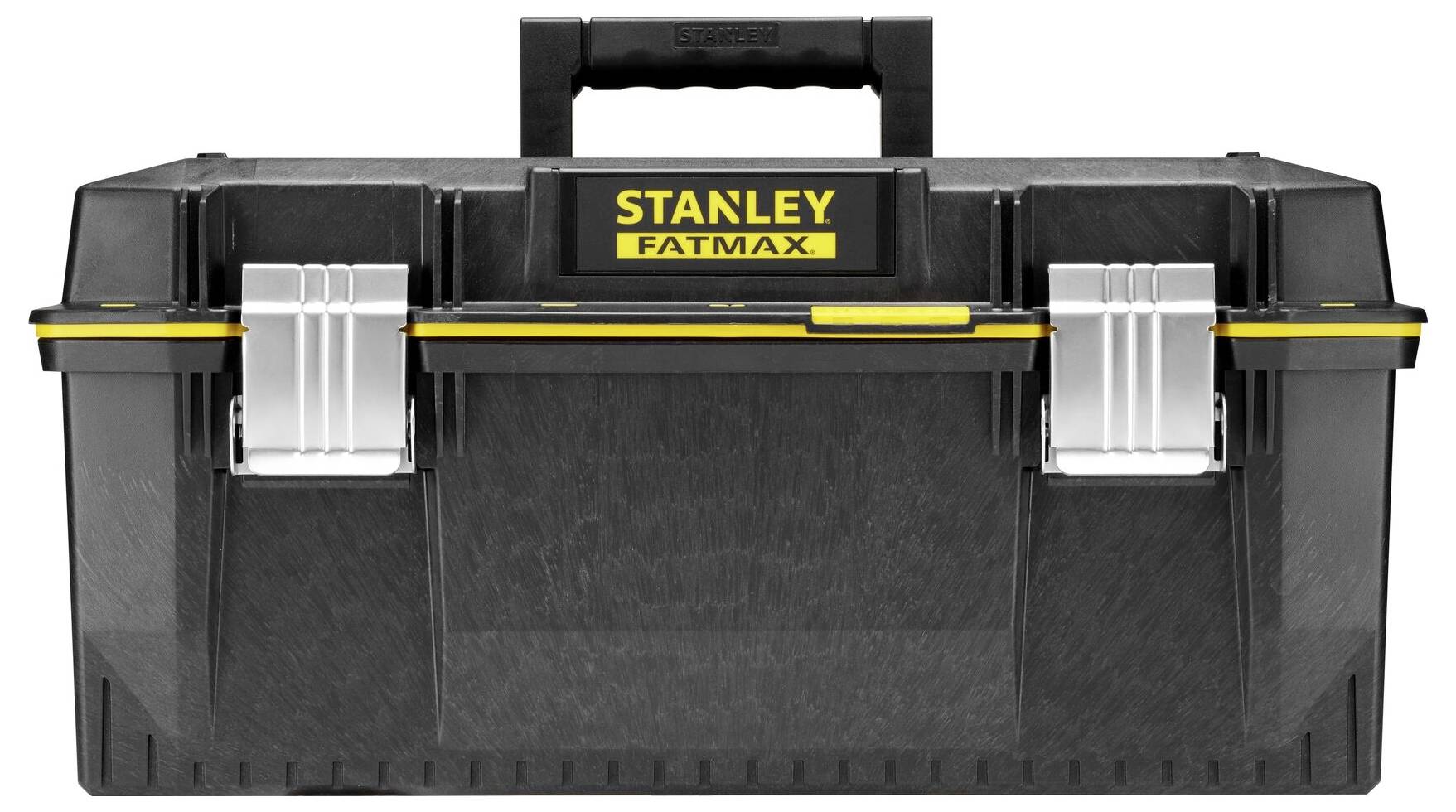 Eine schwarze Stanley Fatmax Werkzeugkiste mit einem gelben Logo und silbernen Verschlüssen auf der Vorderseite.